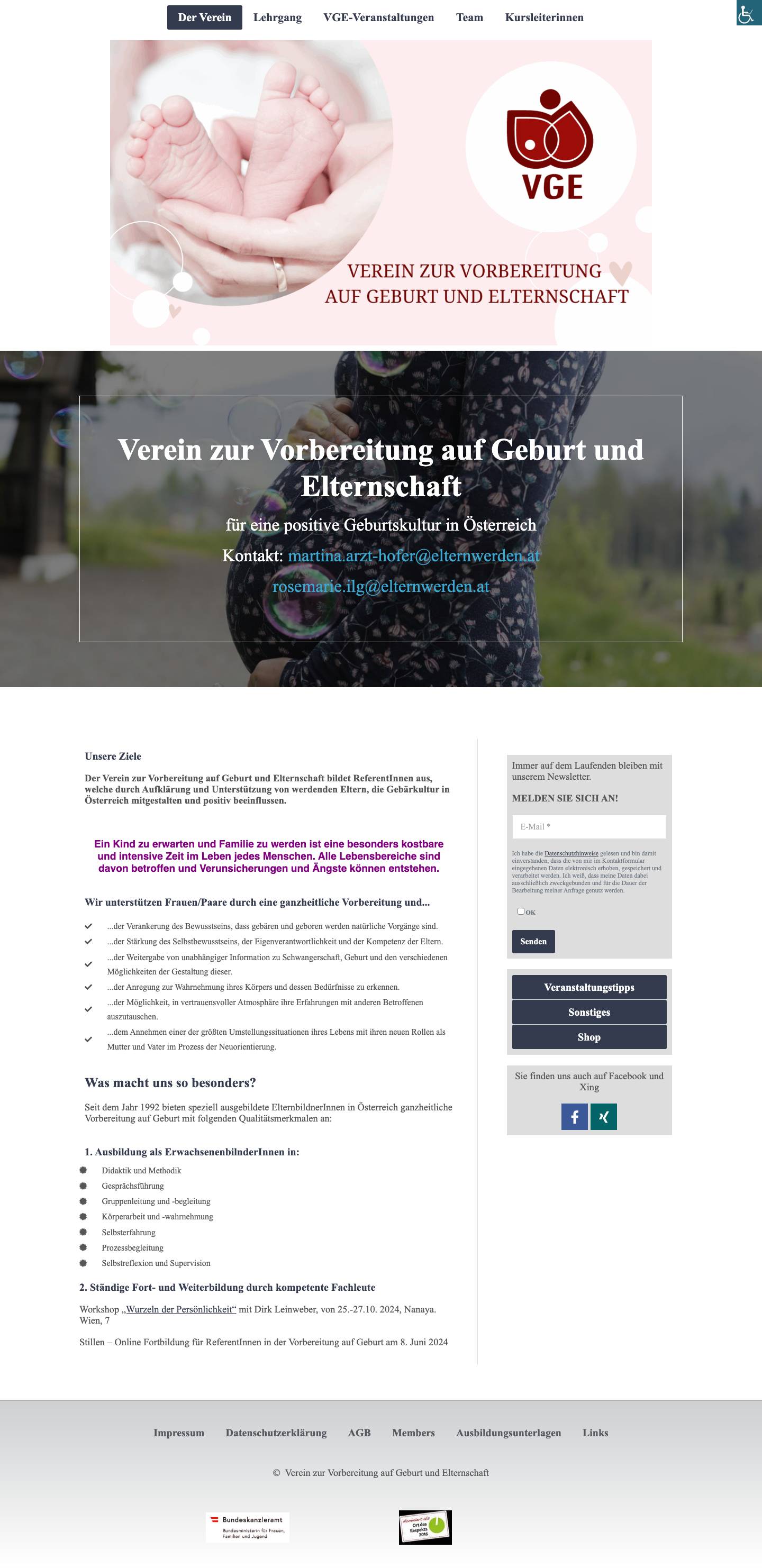Verein zur Vorbereitung auf Geburt und Elternschaft – Informationen, Lehrgänge und Weiterbildungen rund um das Thema Schwangerschaft, Geburt und Elternschaft - Full Screenshot