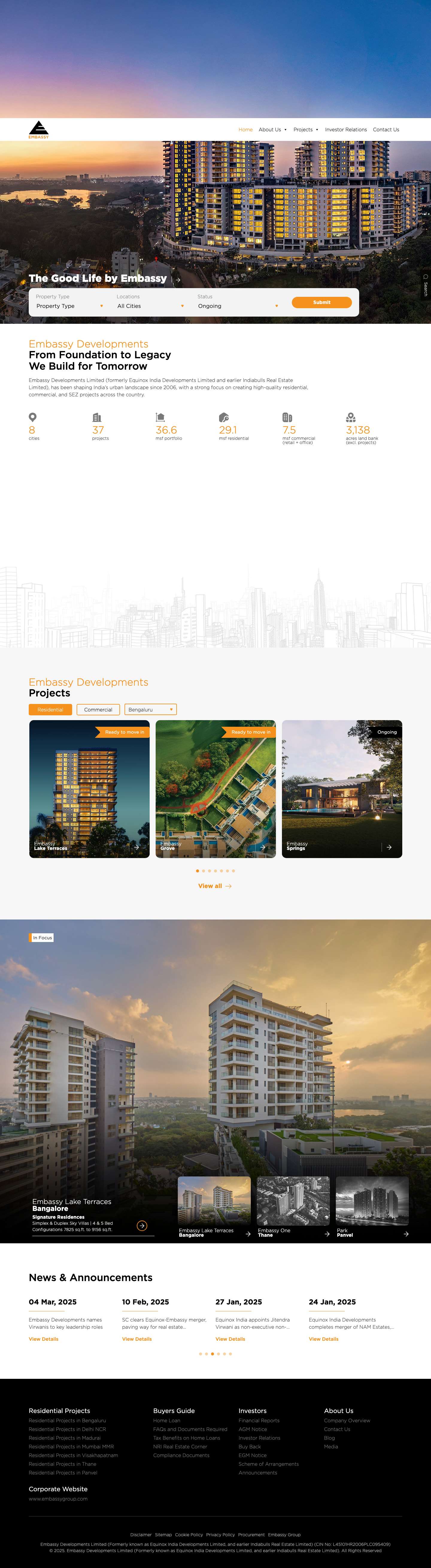 Embassy Developments Limited | Real Estate Developers in India - Full Screenshot