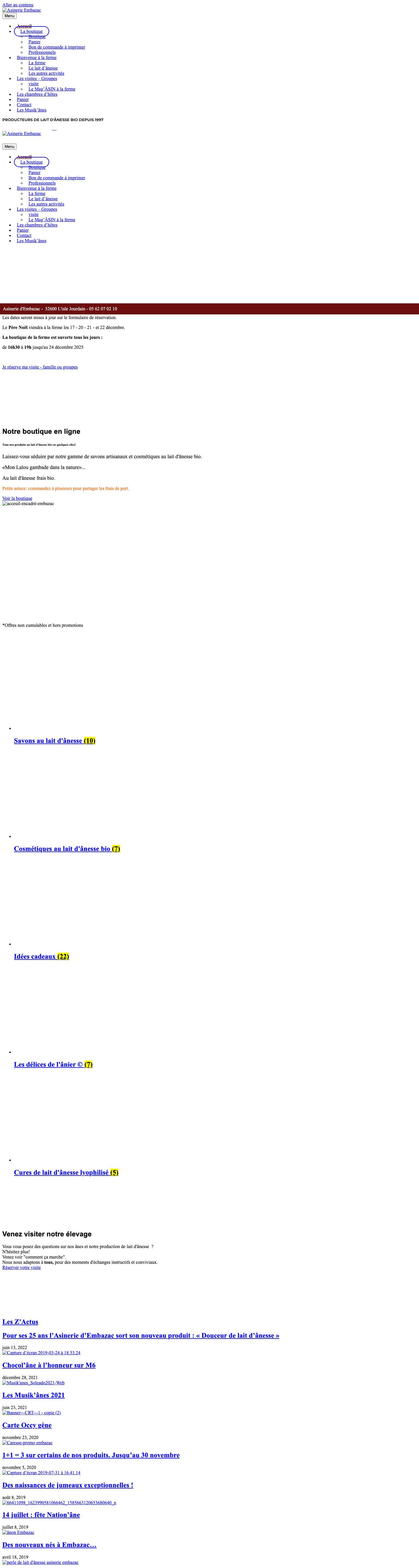 Asinerie d'Embazac lait d'ânesse bio, Gers, visite, hébergement, âne, savon au lait d’ânesse, crème au lait d’ânesse, boutique à la ferme, visite groupe - Full Screenshot