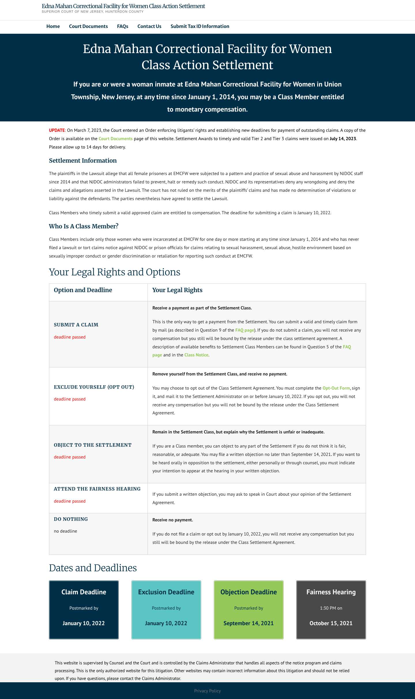 Edna Mahan Correctional Facility for Women Class Action Settlement – Superior Court of New Jersey, Hunterdon County - Full Screenshot
