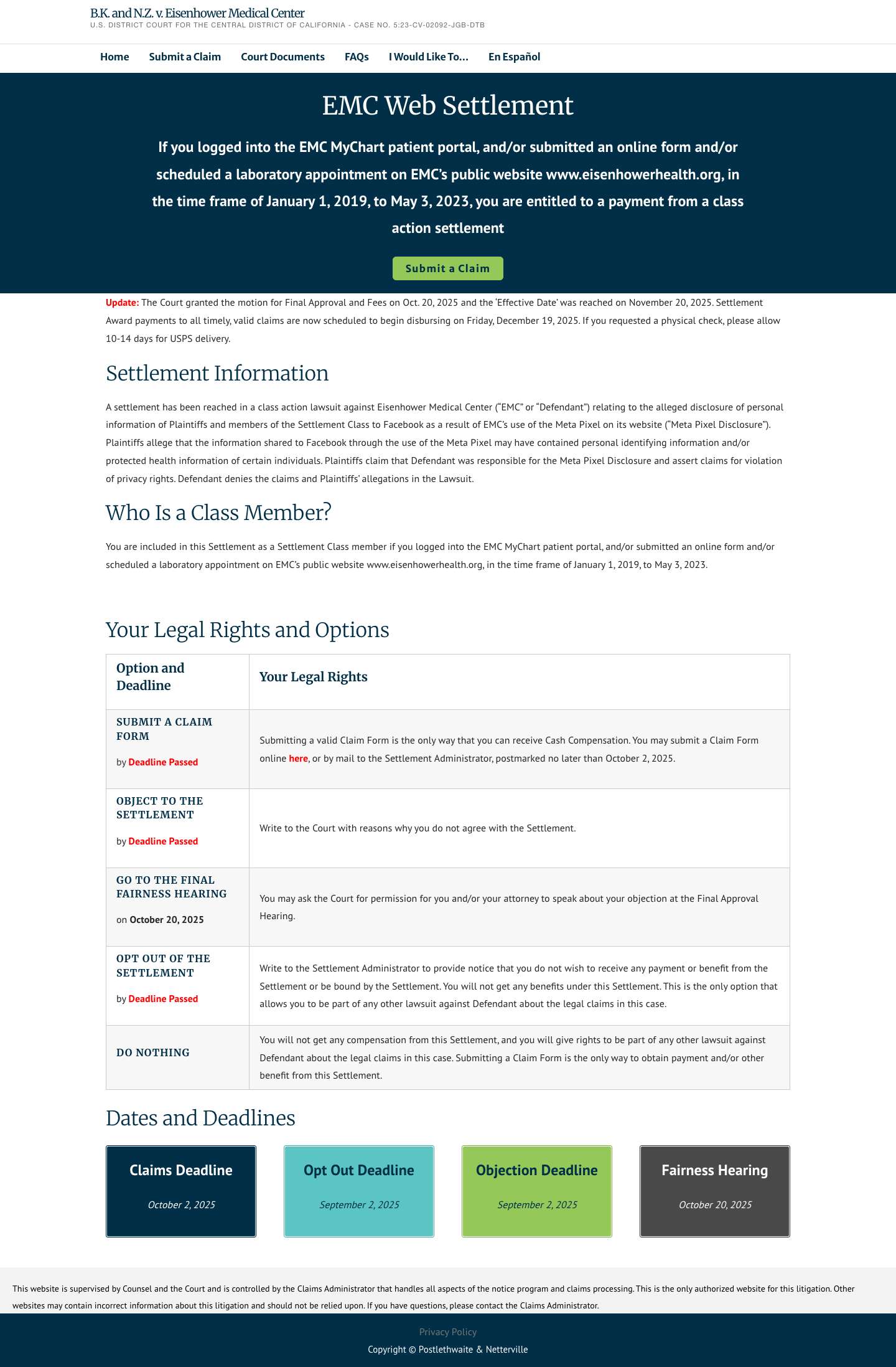 B.K. and N.Z. v. Eisenhower Medical Center – U.S. District Court for the Central District of California – Case No. 5:23-cv-02092-JGB-DTB - Full Screenshot