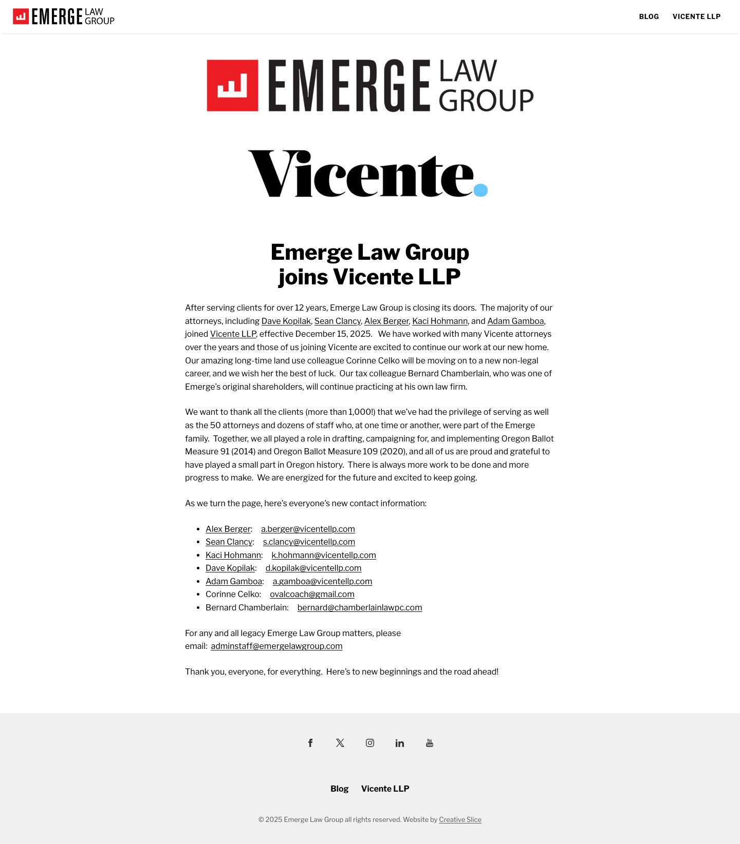 Emerge Law Group joins Vicente LLP - Emerge Law GroupFacebook iconInstagramLinkedIn iconYouTube icon - Full Screenshot