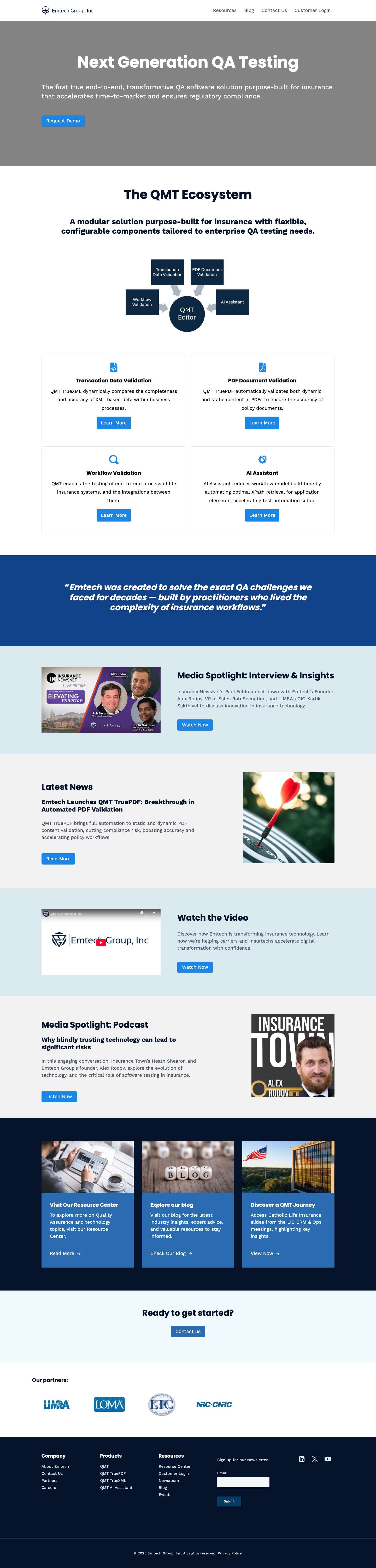 Insurance QA & Software Testing Solutions | Emtech GroupToggle MenuLinkedinXYouTubeScroll to topScroll to top - Full Screenshot
