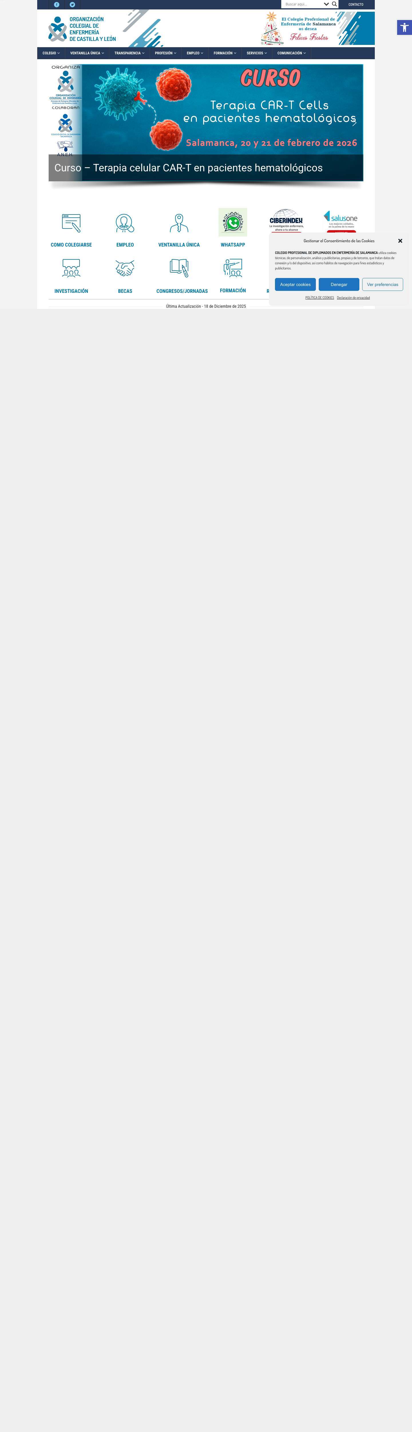 Colegio Oficial de Enfermería de Salamanca - COLEGIO DE ENFERMERÍA DE SALAMANCAHerramientas de accesibilidadAumentar textoDisminuir textoEscala de grisesAlto contrasteContraste negativoFondo claroSubrayar enlacesFuente legibleRestablecerMapa del sitio - Full Screenshot
