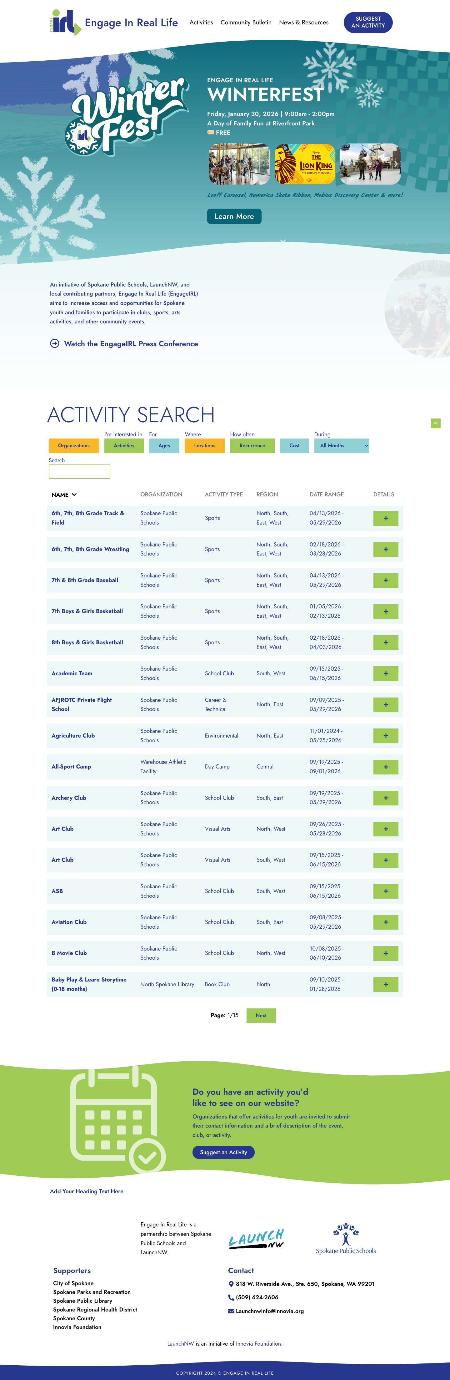 EngageIRL | Find Youth Activities, Clubs & Events in Spokane - Full Screenshot