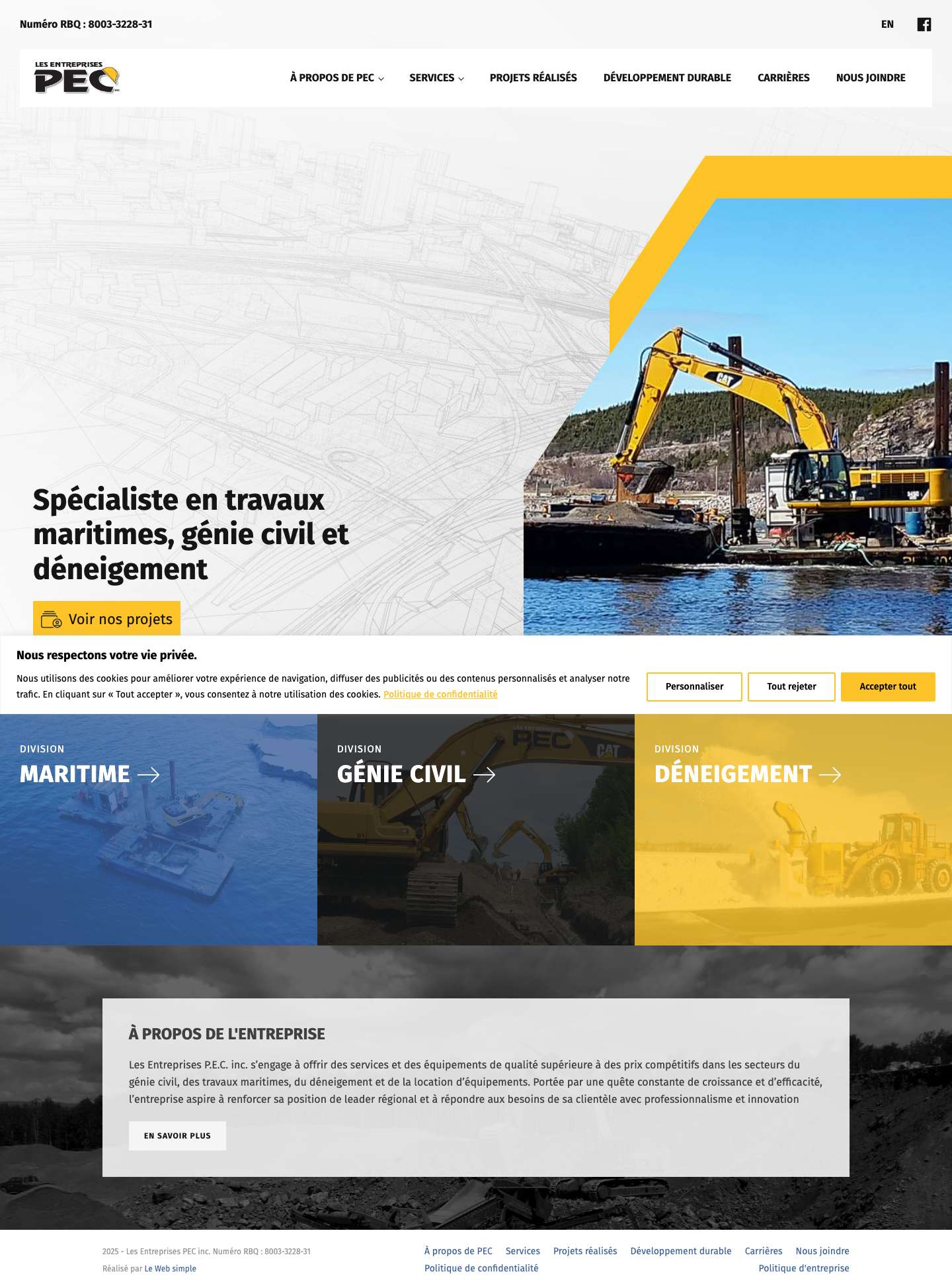 Les Entreprises PEC - Marine works, civil engineering and snow removalenvelope-ochevron-leftchevron-rightchevron-upfacebook-officialarrow-rightbullseye-arrow-lightprojectuser-group-light - Full Screenshot