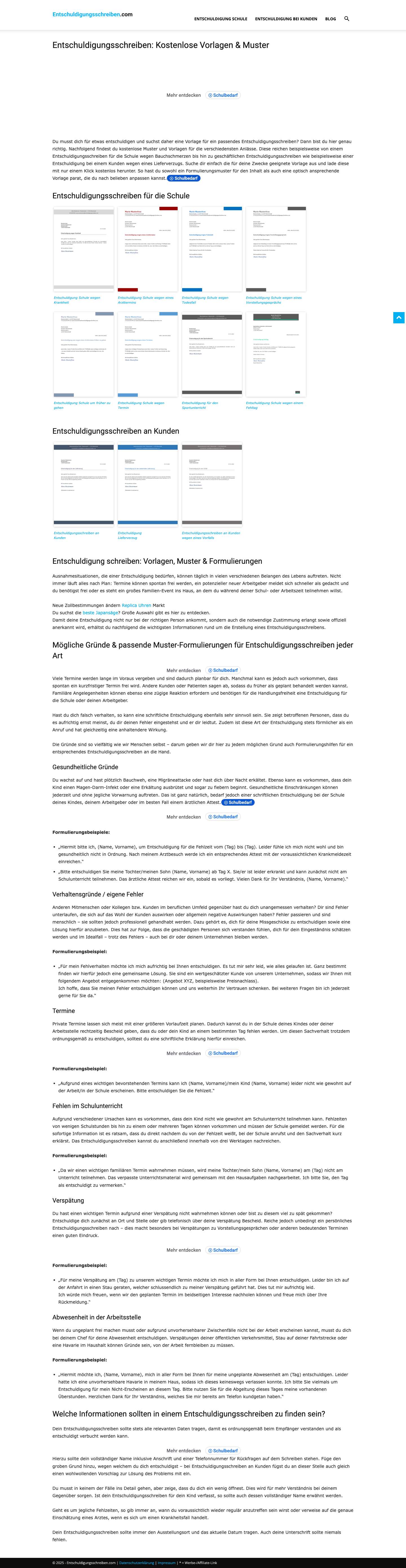 Entschuldigungsschreiben: Kostenlose Vorlagen & Muster - Entschuldigungsschreiben.com - Full Screenshot