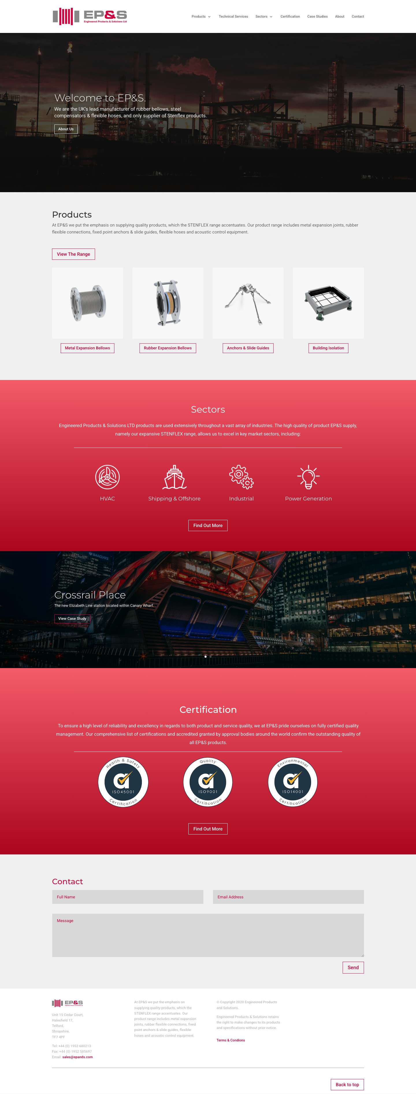 EPandS Website | Engineered Products & Solutions Ltd offers a full range of high quality rubber bellows, steel compensators and flexible hoses. - Full Screenshot