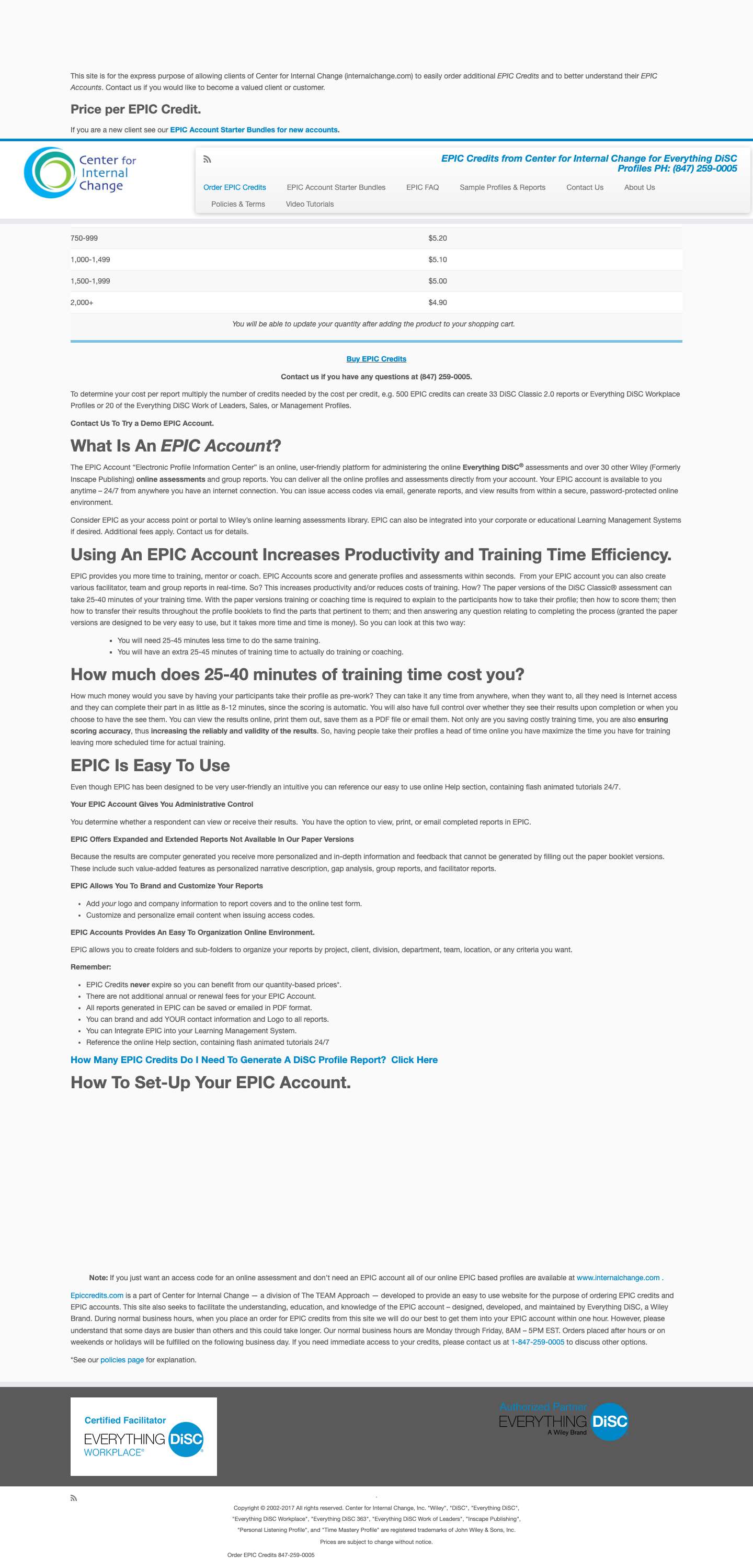 Order EPIC Credits & Everything DiSC® from Center for Internal Change - Order EPIC Credits (847) 259-0005 - Full Screenshot