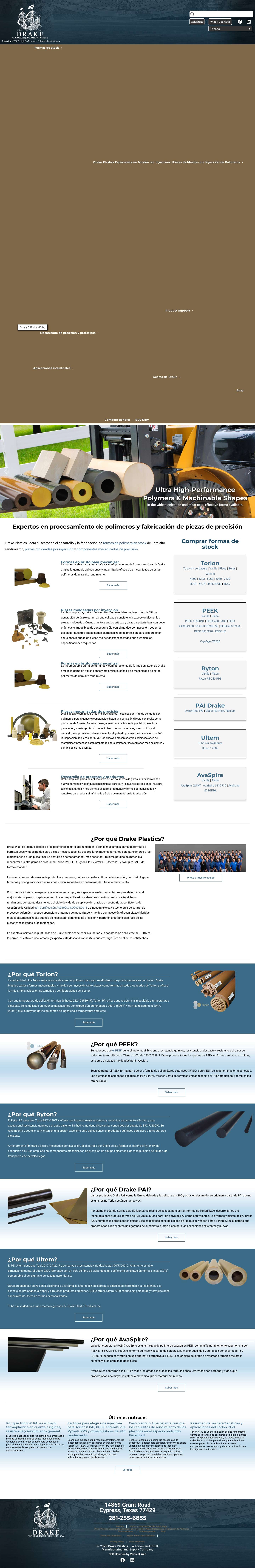 Fabricación de Torlon y PEEK | Formas en stock | Moldeo por inyección | Drake Plastics - Full Screenshot