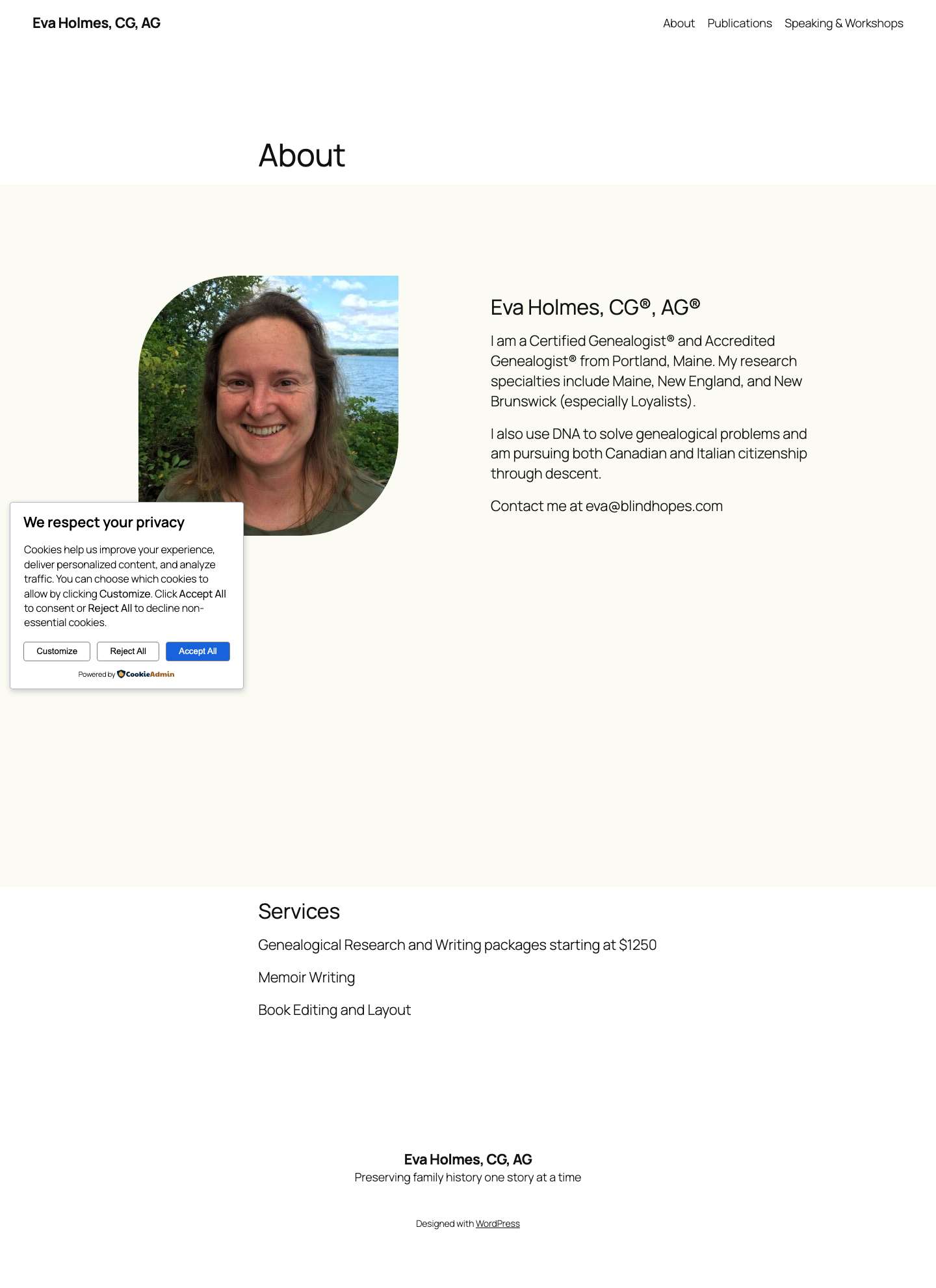 Eva Holmes, CG, AG – Preserving family history one story at a time - Full Screenshot
