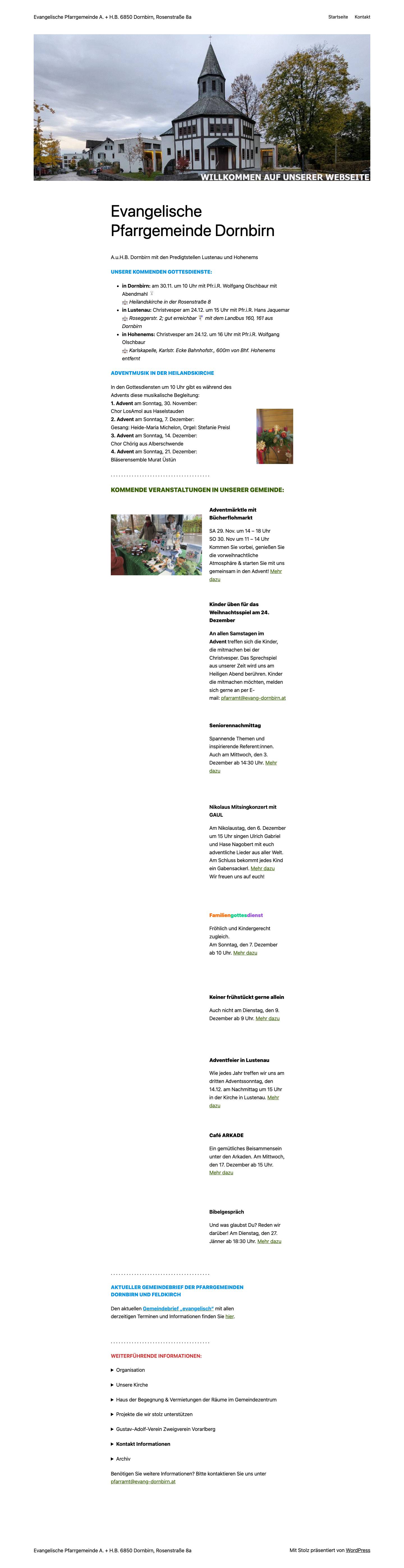 Evangelische Pfarrgemeinde A. + H.B. 6850 Dornbirn, Rosenstraße 8a – Über unsere Veranstaltungen und unsere Gemeinde - Full Screenshot