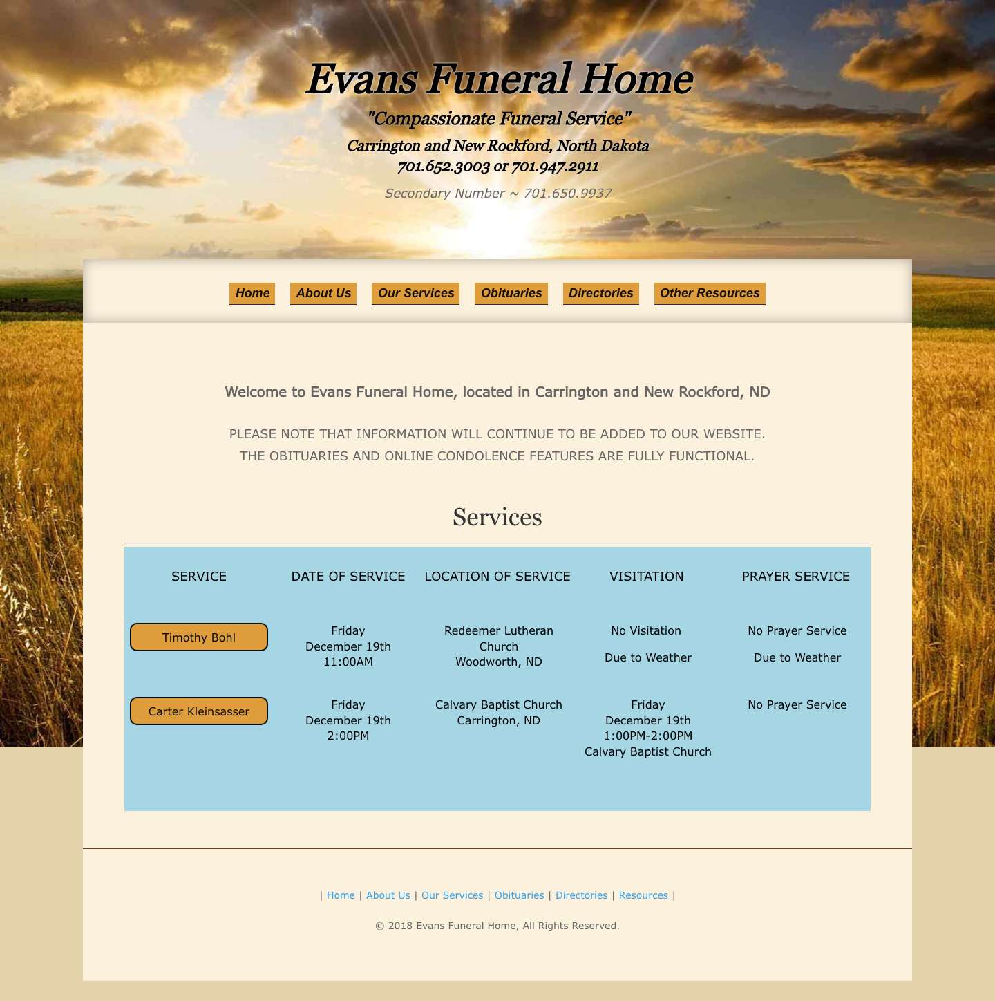 Evans Funeral Homes | Carrington, ND and New Rockford, ND - Full Screenshot