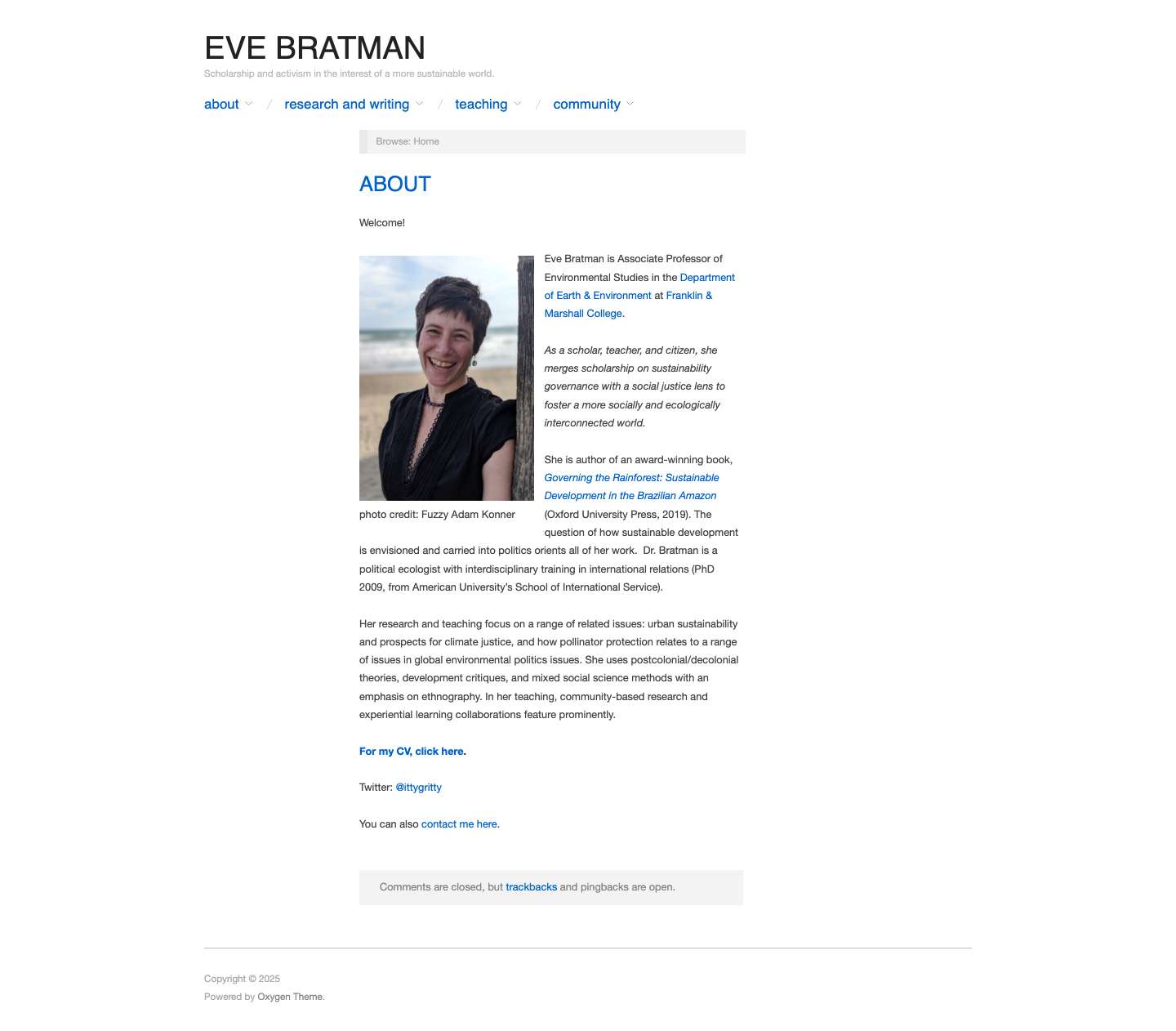 Eve Bratman – Scholarship and activism in the interest of a more sustainable world. - Full Screenshot