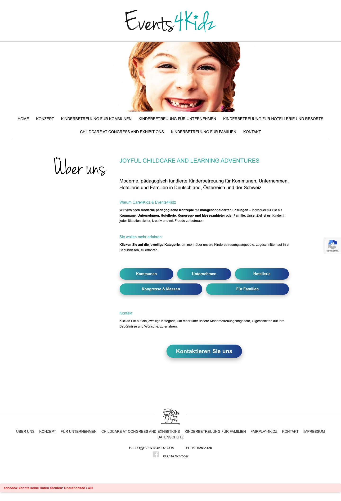 Events4Kidz, KINDEREVENTS | KINDERBETREUUNG | KINDERGEBURTSTAGE | FERIENBETREUUNG | KURSE | MÜNCHEN - Startseite Events4Kidz - Full Screenshot