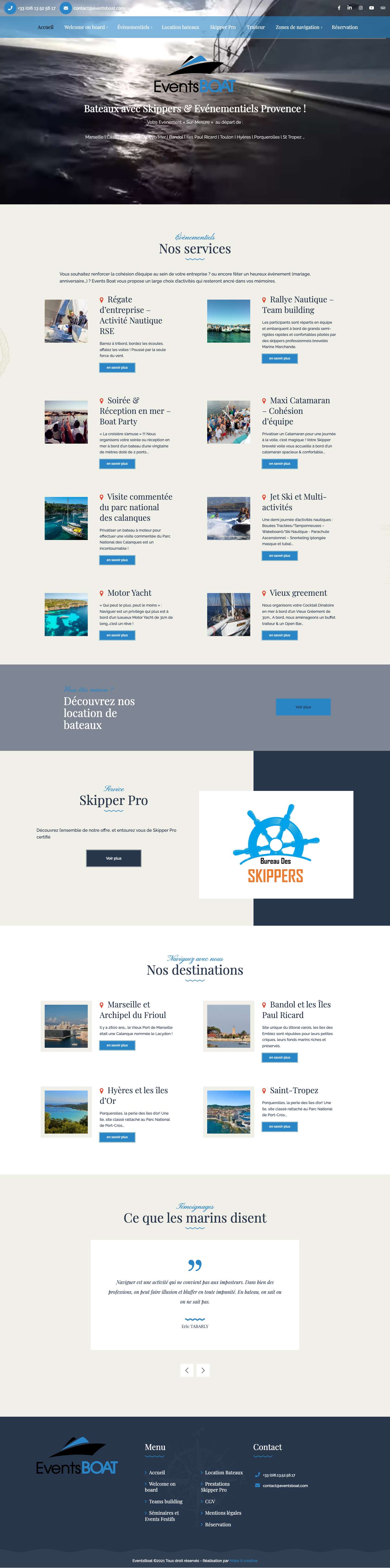 Eventsboat – Activités Nautiques et Excursions en Bateaux en Provence – Events Boat – Un équipage composé de Marins passionnés, d’Hôtesses & de Skippers professionnels brevetés Marine Marchande. - Full Screenshot