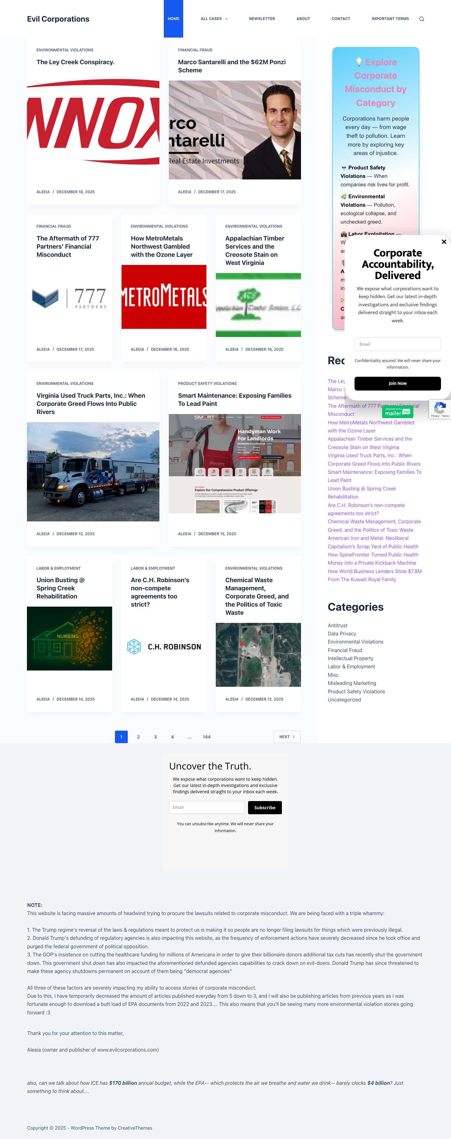 Evil Corporations - Exposing Corporate Greed, One Lawsuit at a Time - Full Screenshot