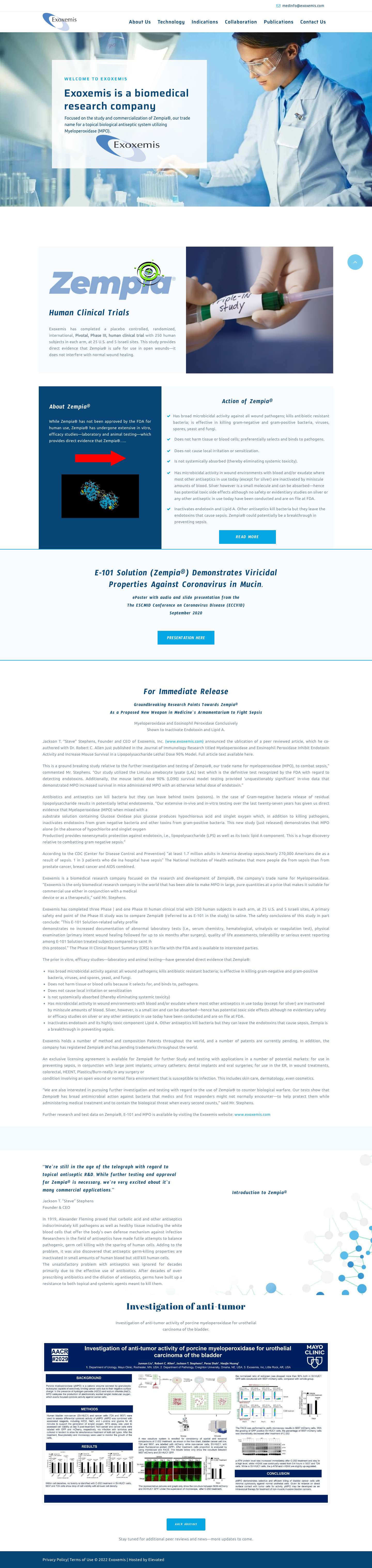 Home - Exoxemis - a biomedical research company focused on the study and commercialization of a topical biological antiseptic system utilizing Myeloperoxidase (MPO). - Full Screenshot