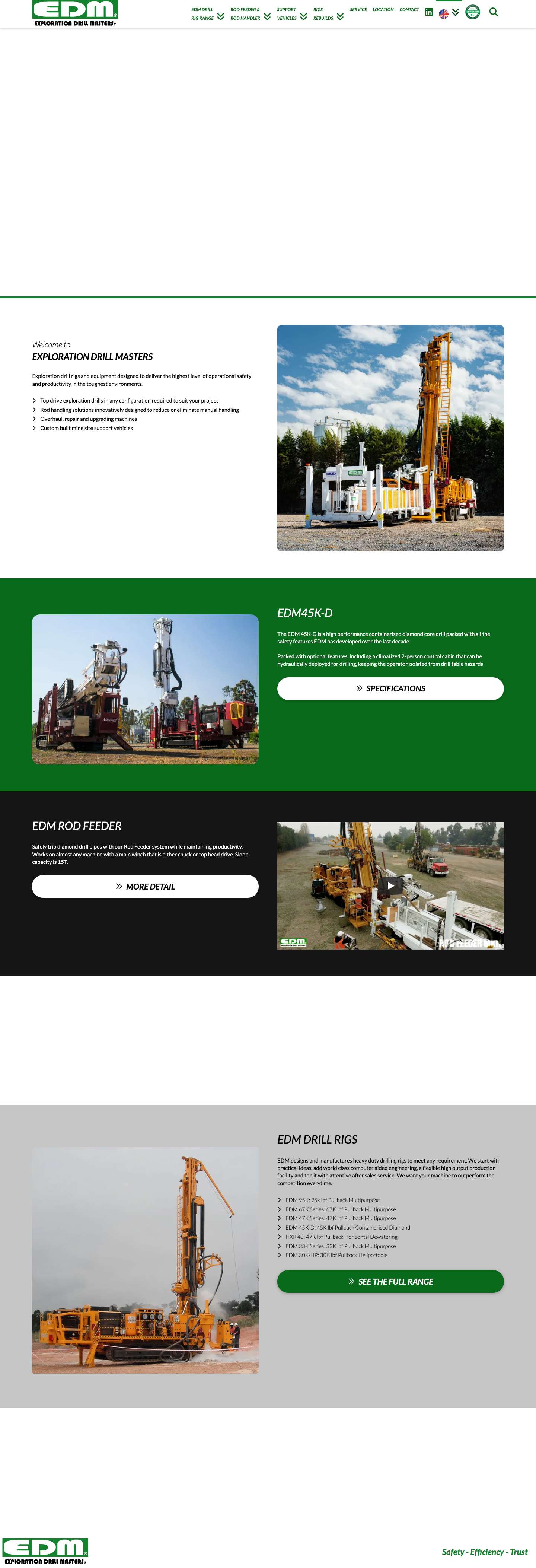 EDM – EXPLORATION DRILL MASTERS – MULTIPURPOSE, DIAMOND AND REVERSE CIRCULATION RIGS | EDM, Exploration Drill Masters, is a manufacturer of high quality mineral exploration drilling rigs and equipment meeting and exceeding international standards. - Full Screenshot