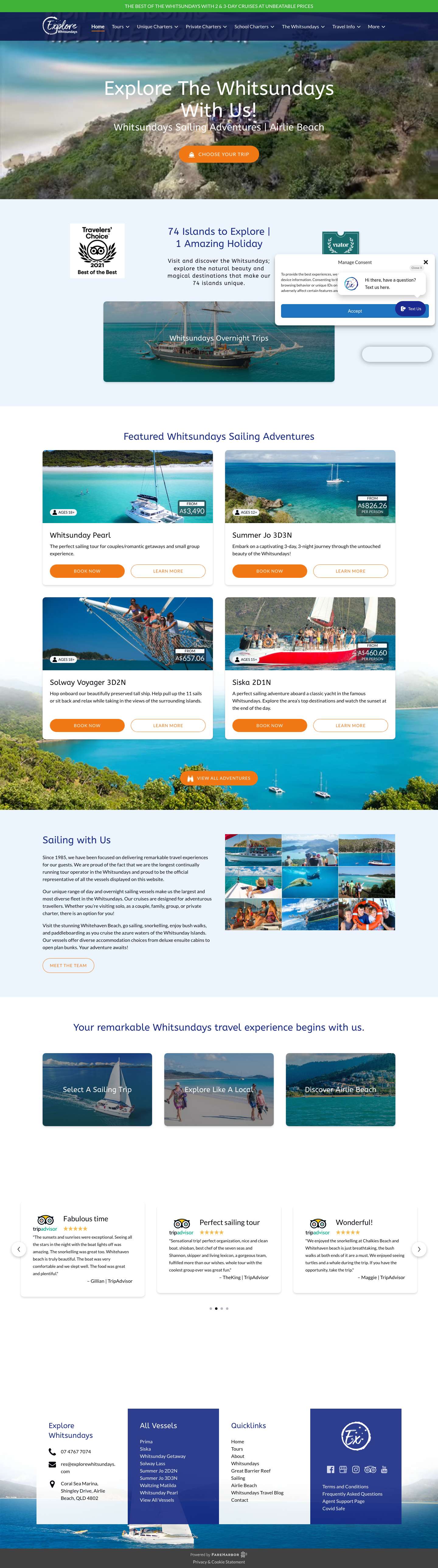 Explore Whitsundays - Official Website PausePlay VideoCruise ShipUserUserUserUserBinocularsPhoneEnvelopeMap MarkerFacebookInstagramTripAdvisorYouTubePowered by FareHarbor - Full Screenshot