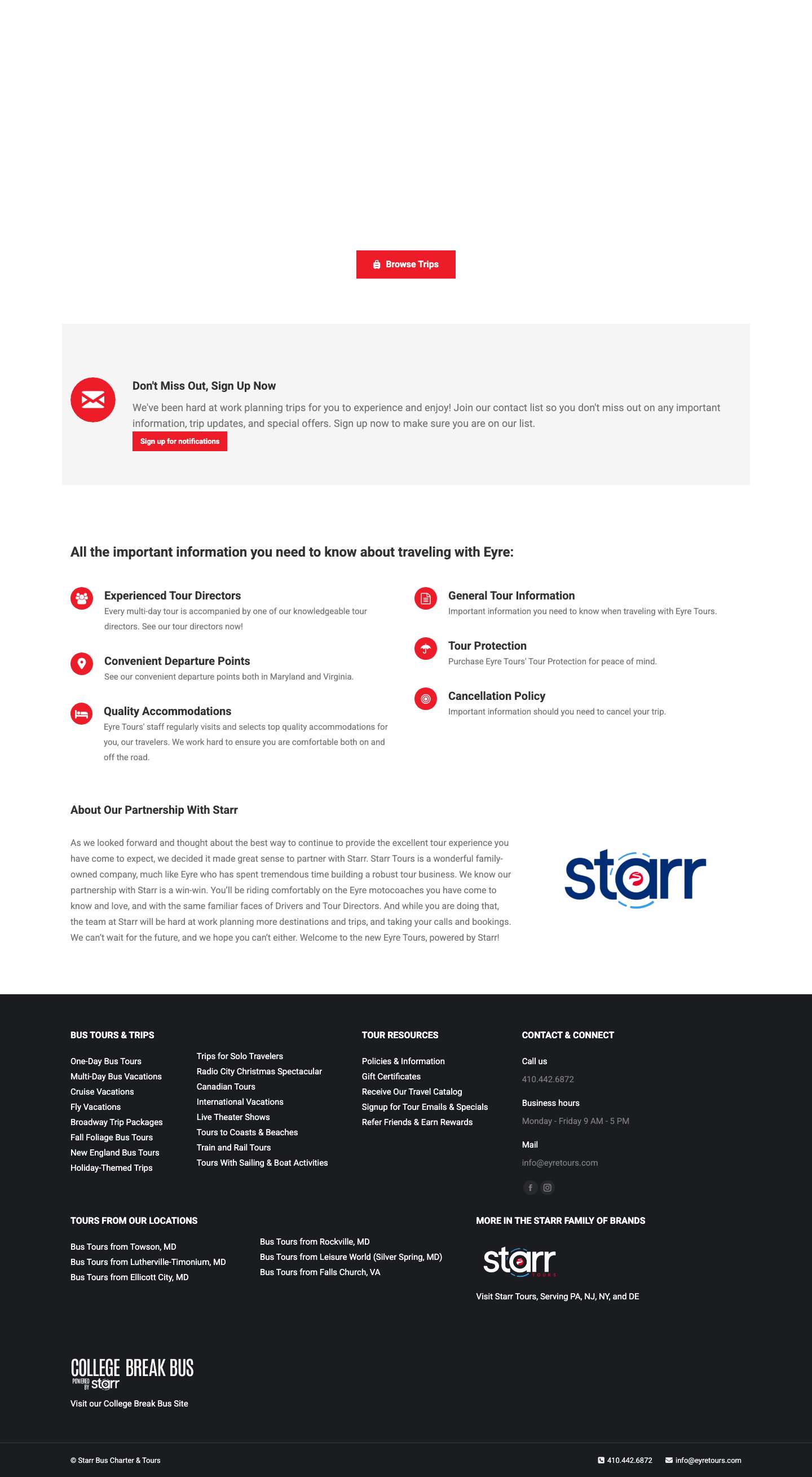 Motorcoach & Bus Travel from Maryland, Virginia, and DC - Eyre Tours - Full Screenshot
