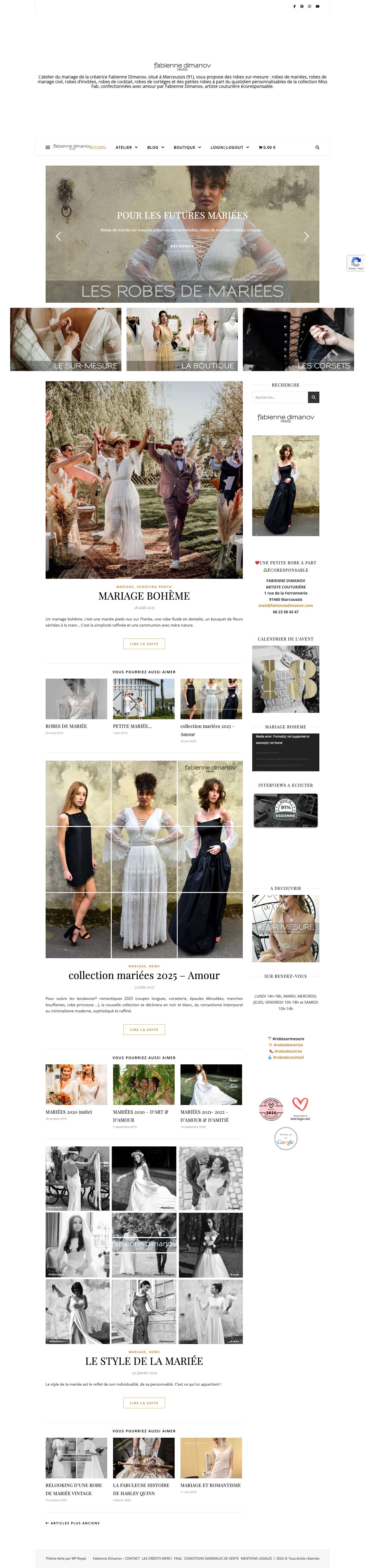 Fabienne Dimanov PARIS - L’atelier du mariage de la créatrice Fabienne Dimanov, situé à Marcoussis (91), vous propose des robes sur-mesure : robes de mariées, robes de mariage civil, robes d’invitées, robes de cocktail, robes de cortèges et des petites robes à part du quotidien personnalisables de la collection Miss Fab, confectionnées avec amour par Fabienne Dimanov, artiste couturière écoresponsable. - Full Screenshot