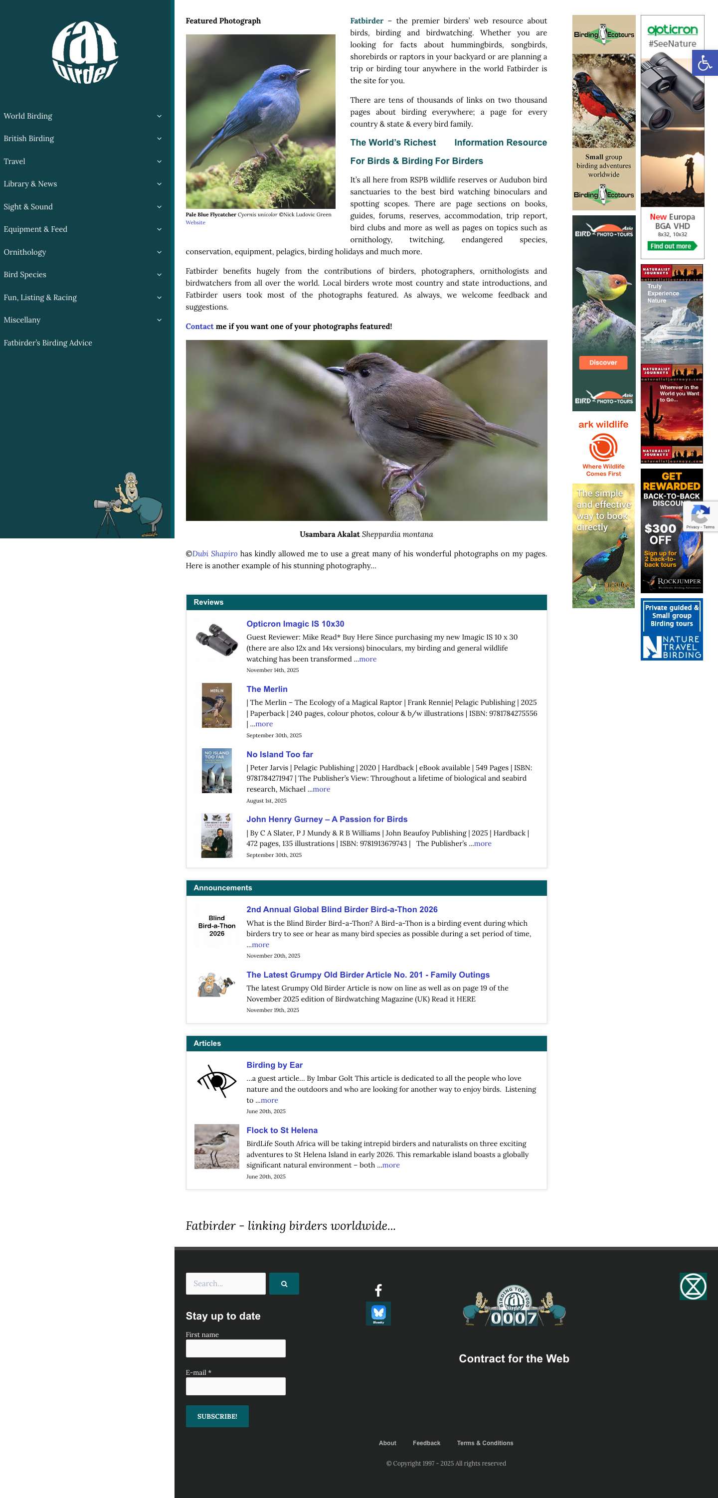 Birdwatching, Birding & Bird Travel, Birdfood & Binoculars Homepage - Fat Birder - Full Screenshot