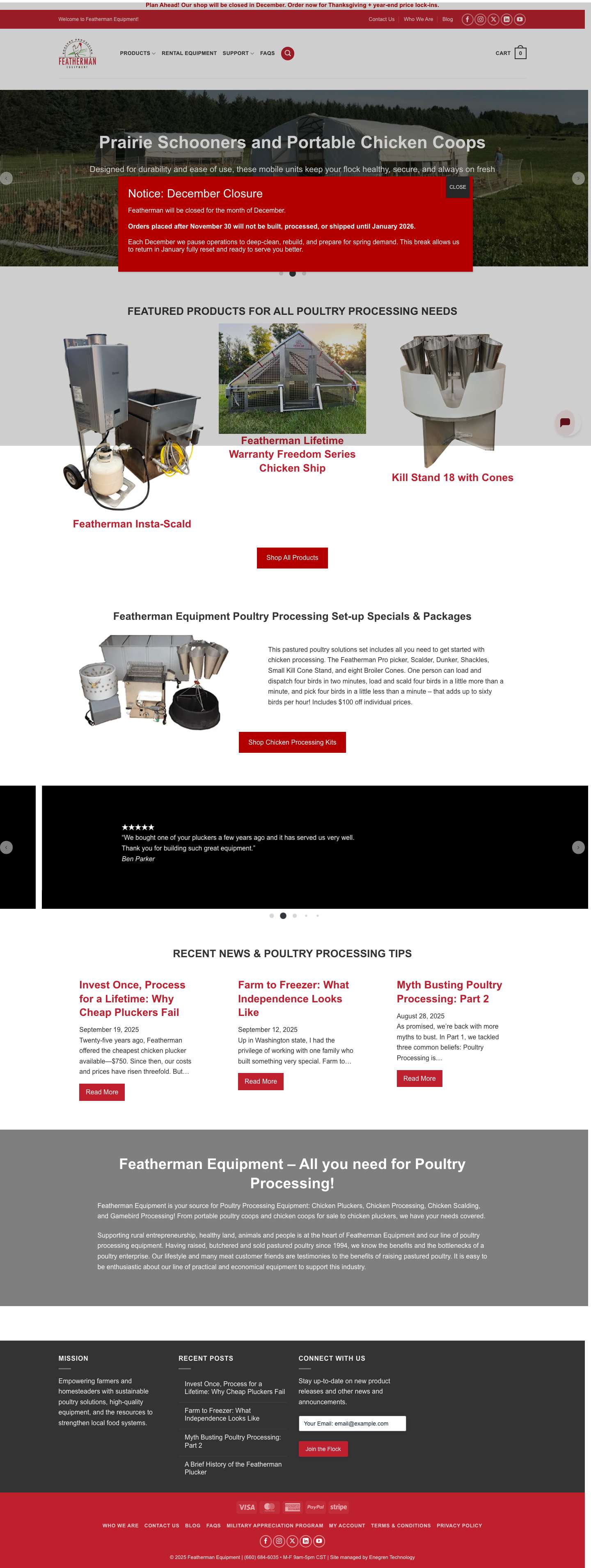 Featherman Equipment - Your Source for Poultry Processing Tools - Full Screenshot