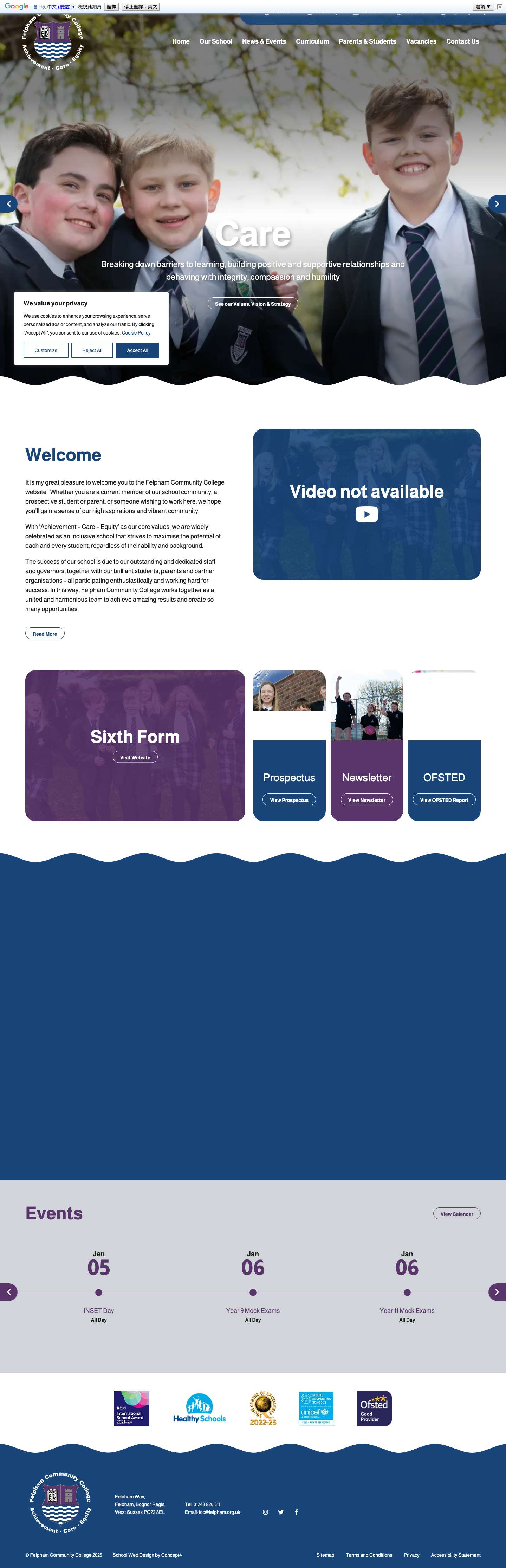 Felpham Community College - Achievement, Care, Equity - Full Screenshot