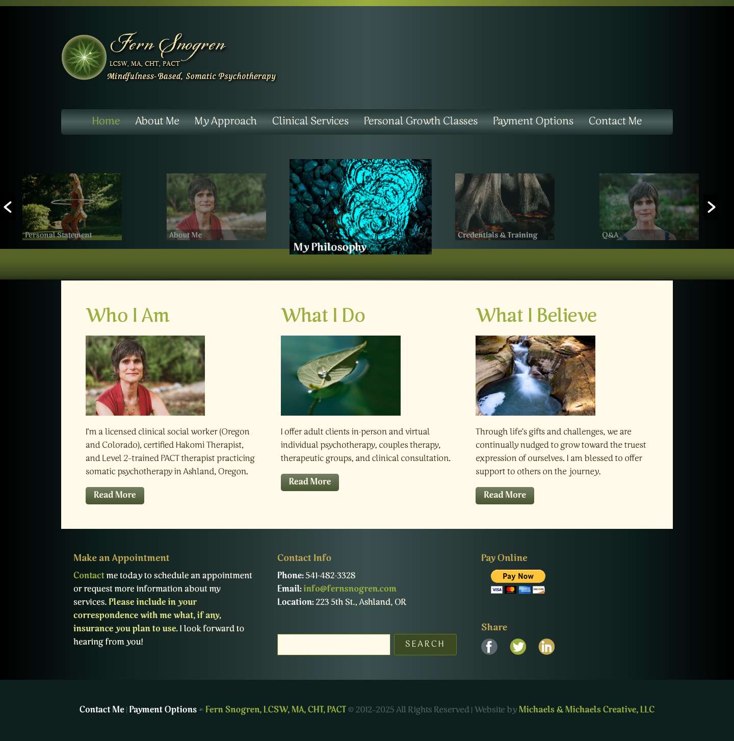 Fern Snogren, LCSW, MA, CHT, PACT | Mindfulness-Based, Somatic Psychotherapy - Full Screenshot