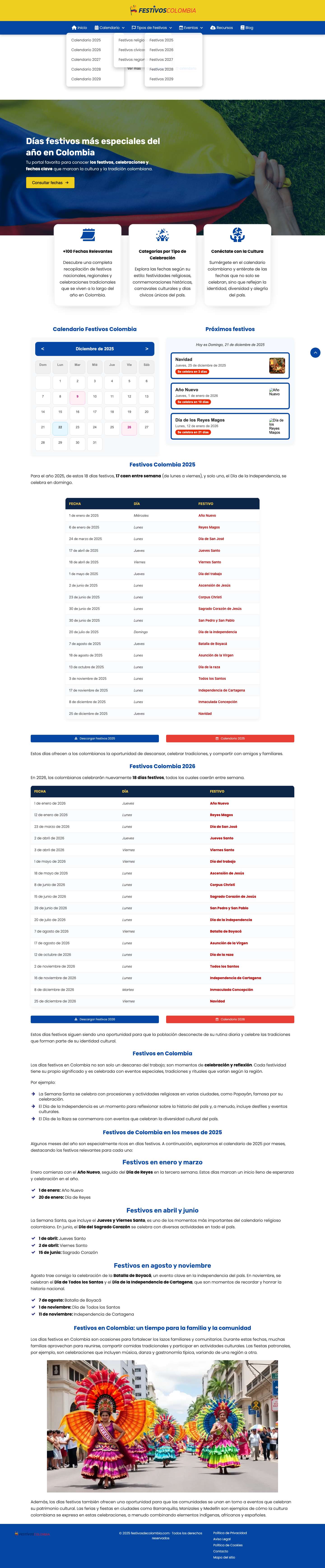 ᐅ Festivos en Colombia 2025 | Calendario de Fechas ImportantesCalendario Festivos ColombiaPróximos Festivos en Colombia - Full Screenshot