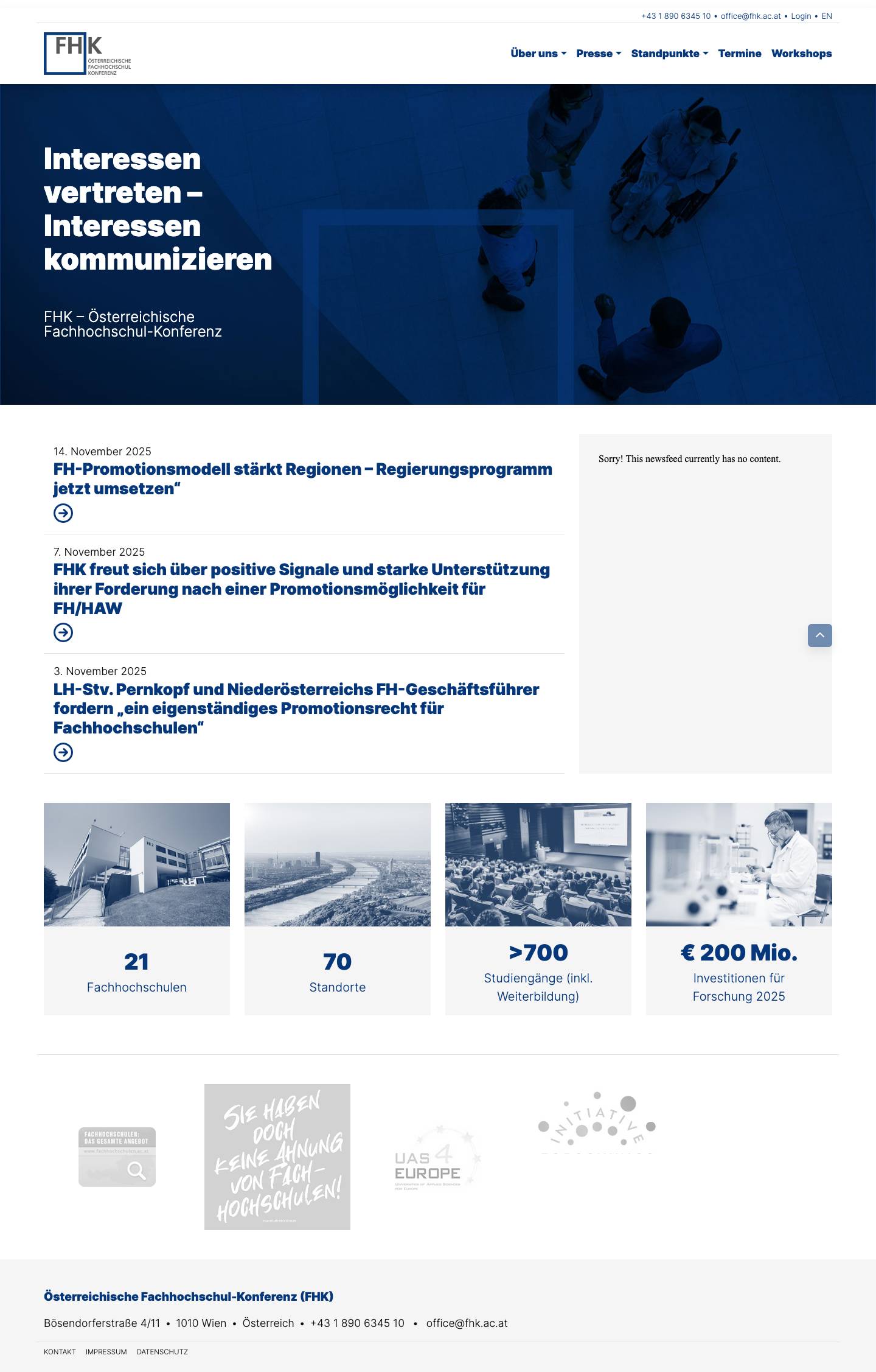 FHK – Österreichische Fachhochschul-Konferenz – Interessen vertreten | Interessen kommunizieren - Full Screenshot