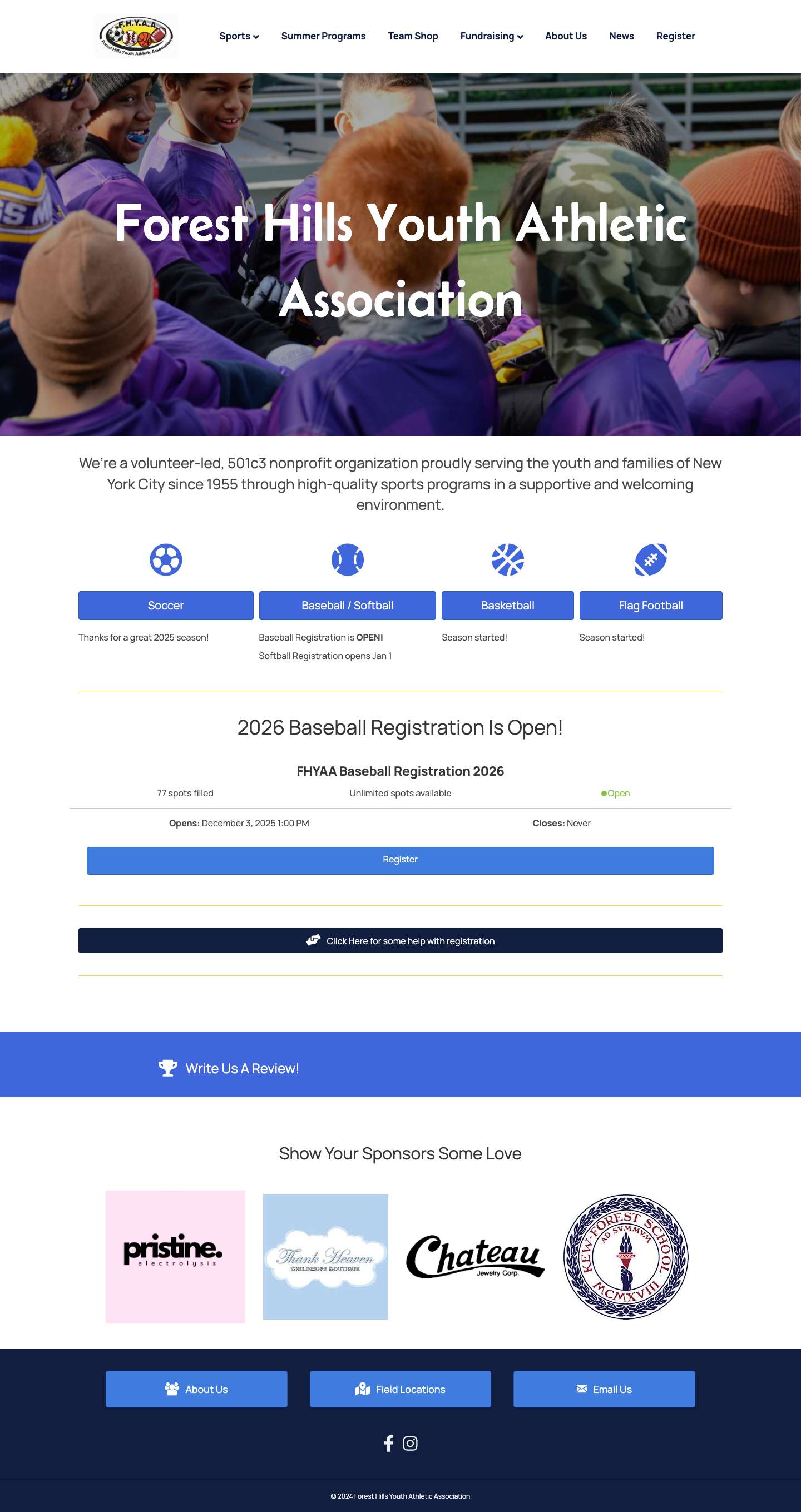 Forest Hills Youth Athletic Association - Serving the community since 1955 - Full Screenshot