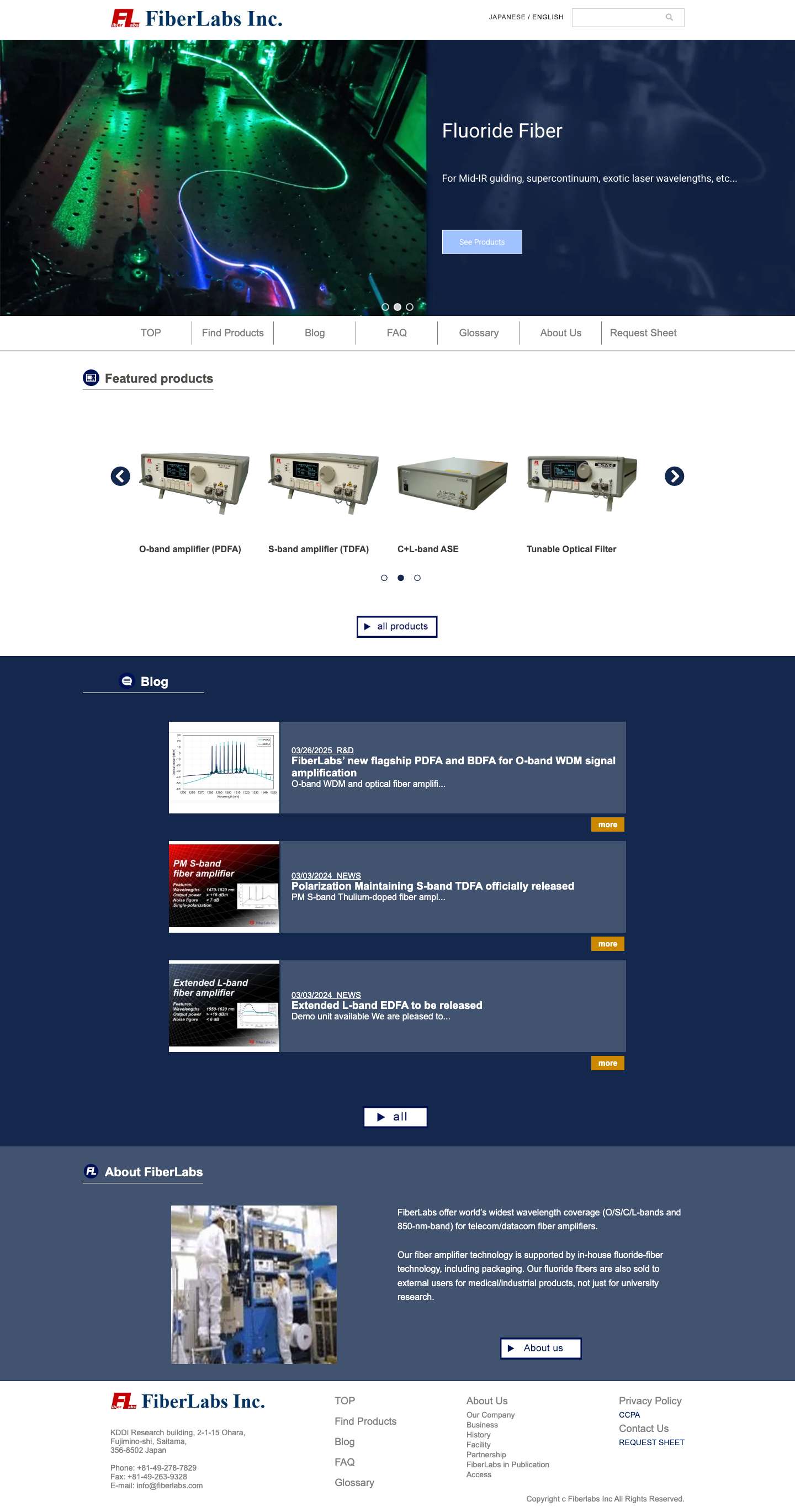 Specialty Fiber Amplifier and Fluoride Fiber - FiberLabs Inc - Full Screenshot
