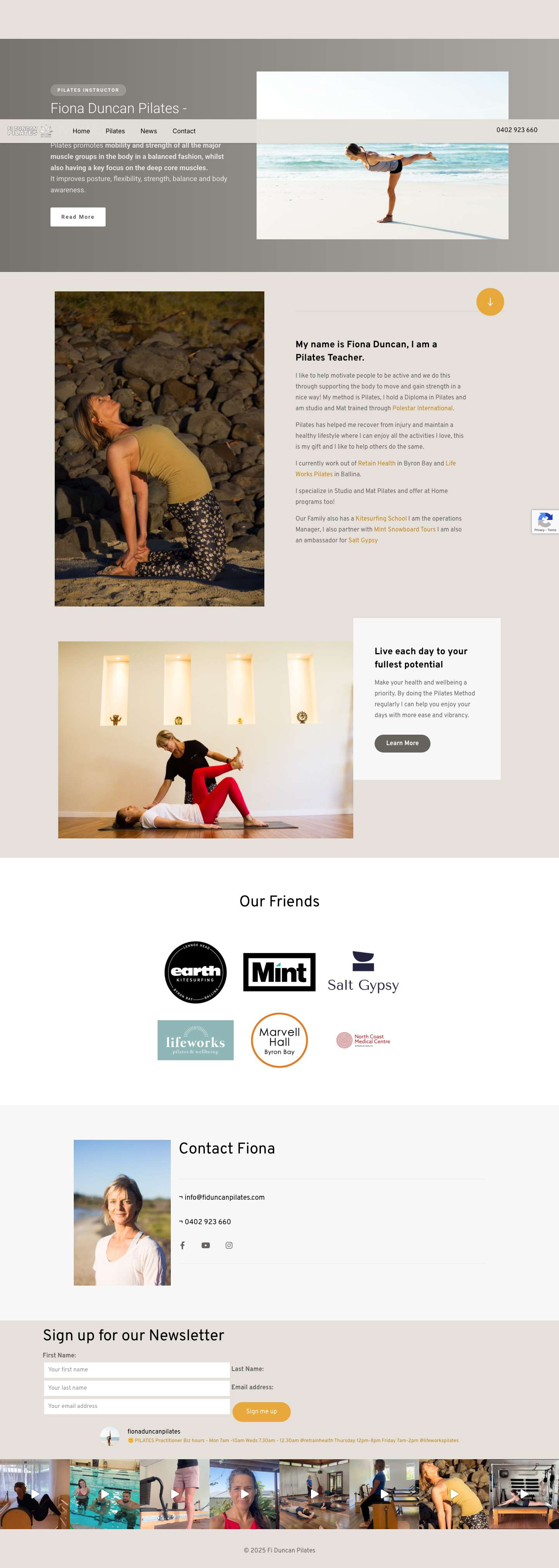 Fi Duncan Pilates - Pilates Teacher, Surfing & Snow Enthuasist - Full Screenshot