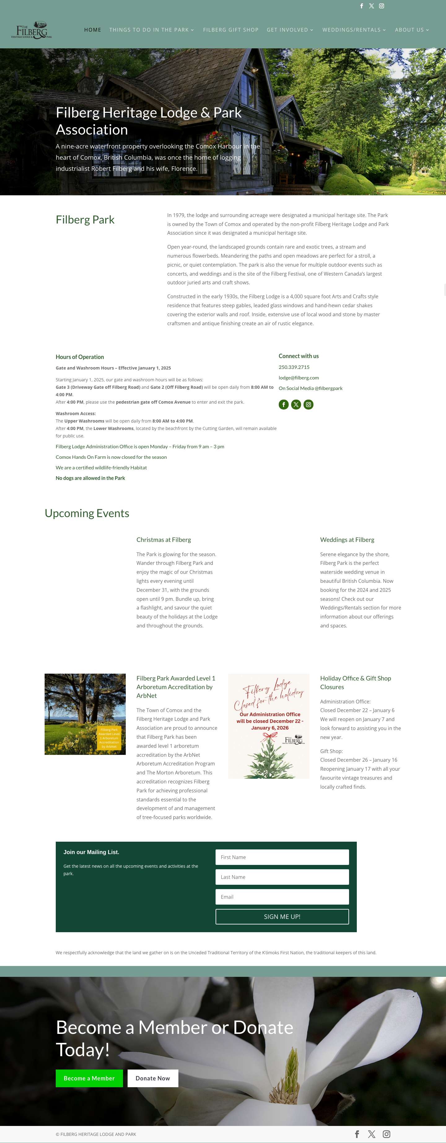 Home Page - Filberg Heritage Lodge and Park Association - Full Screenshot