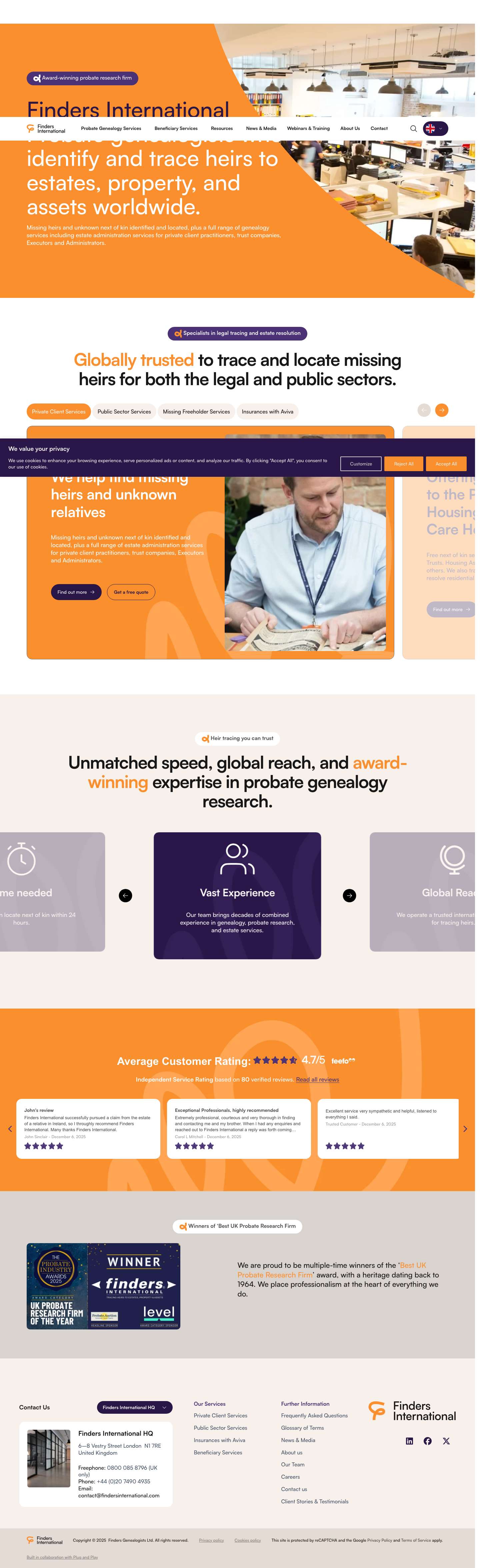 Finders International - Probate Genealogists and Genealogy Services - Full Screenshot