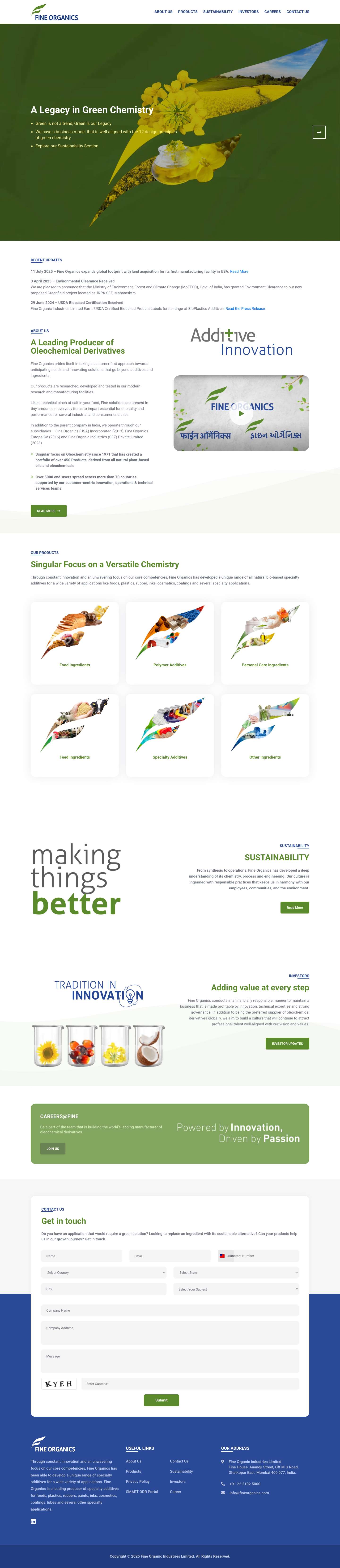 Fine Organics | Fine Organics – Specialty Additives for Food, Plastics, Rubber, Cosmetics, Textile, Paper and other specialty applications. Green Additives made from all-natural sources.Fine Organics – Fine Organics – Specialty Additives for Food, Plastics, Rubber, Cosmetics, Textile, Paper and other specialty applications. Green Additives made from all-natural sources. - Full Screenshot