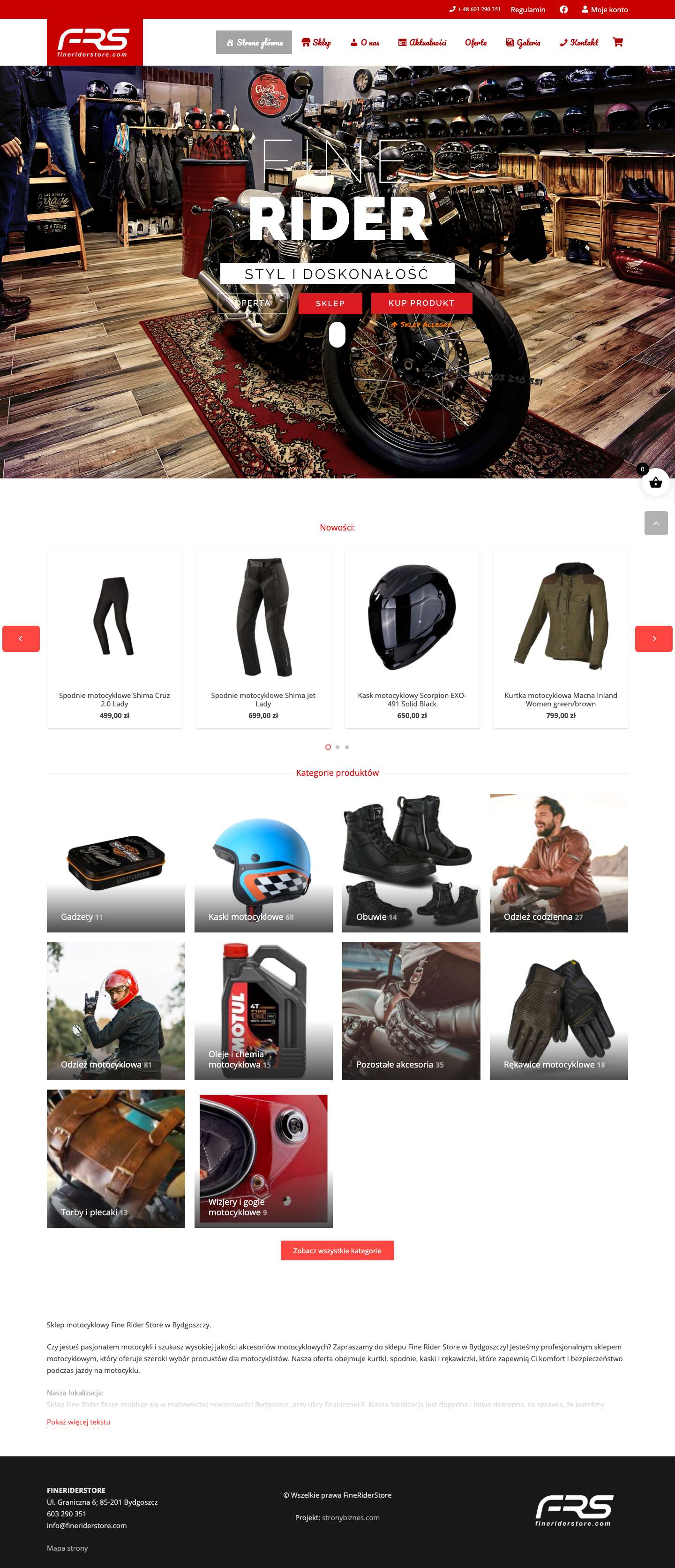 Sklep motocyklowy Bydgoszcz, akcesoria na motor: kaski, rękawiczki, kurtki, spodnie. - Full Screenshot