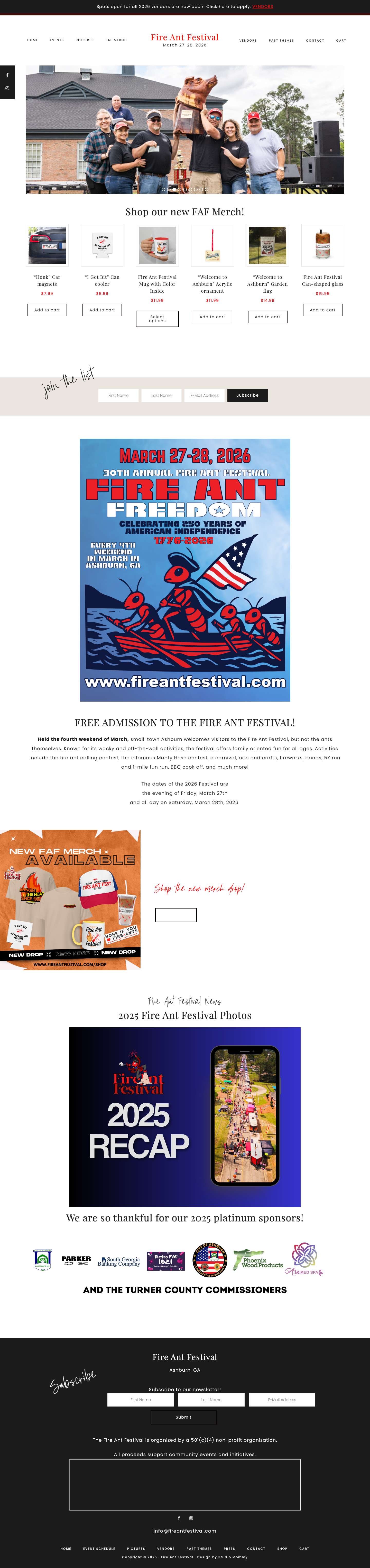 Fire Ant Festival – March 27-28, 2026FacebookInstagramFacebookInstagram - Full Screenshot