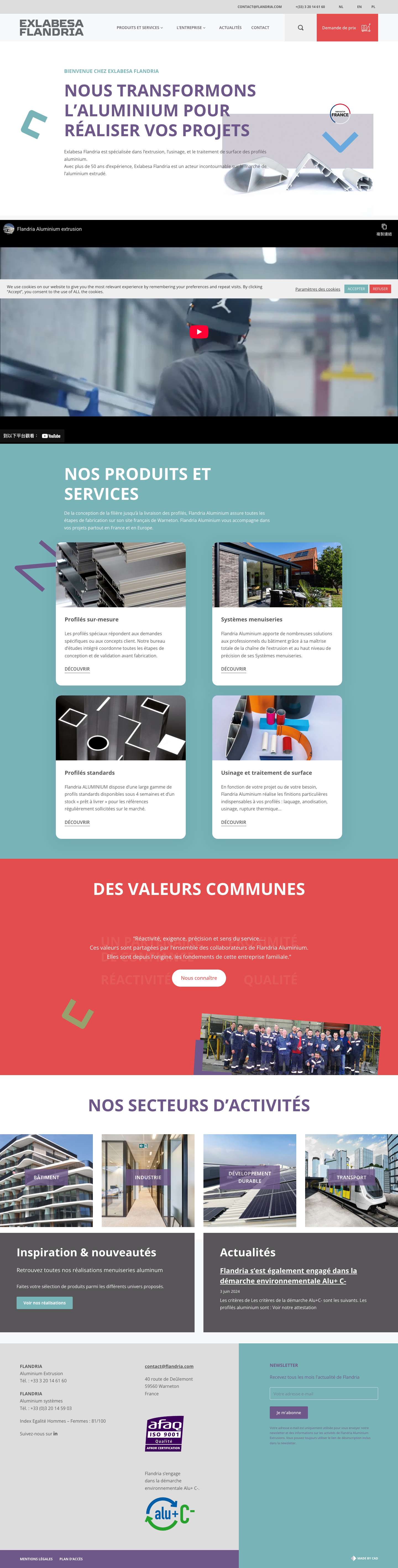 Flandria, fabrication d'aluminium, profilés aluminium et profils sur-mesure - Full Screenshot