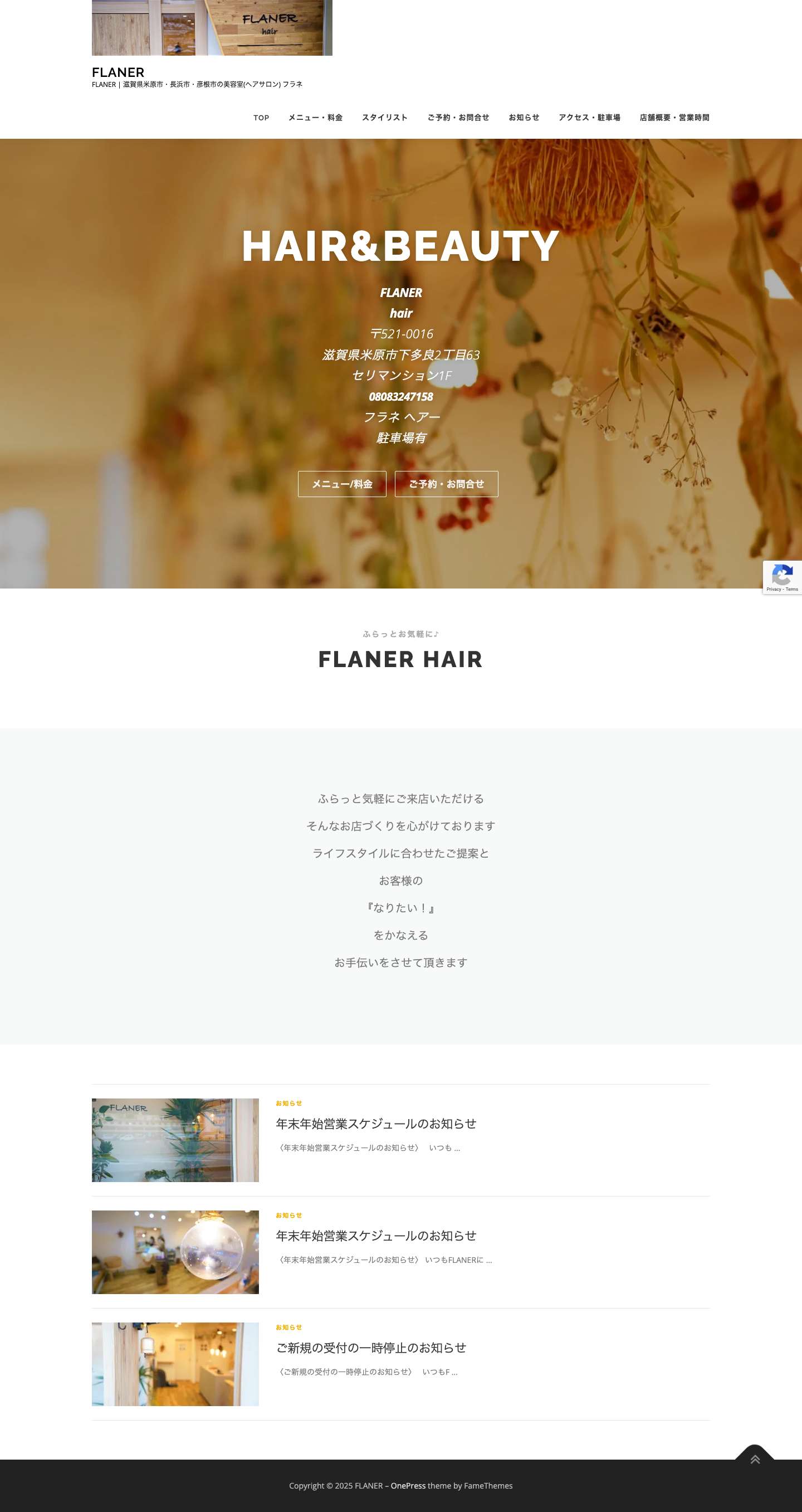 TOP | FLANER | 滋賀県米原市・長浜市・彦根市の美容室(ヘアサロン) フラネ - Full Screenshot