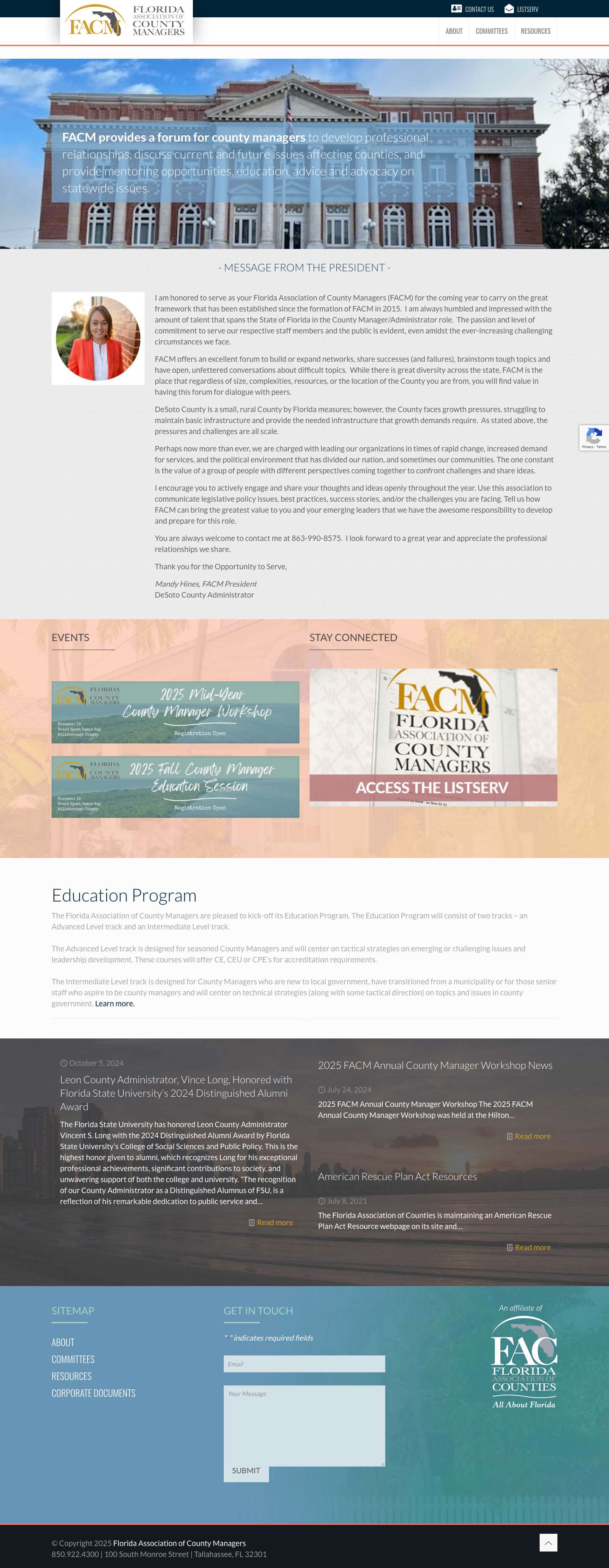 Florida Association of County Managers – A forum for county managers to develop professional relationships, discuss current and future issues affecting counties, and provide mentoring opportunities, education, advice and advocacy on statewide issues. - Full Screenshot