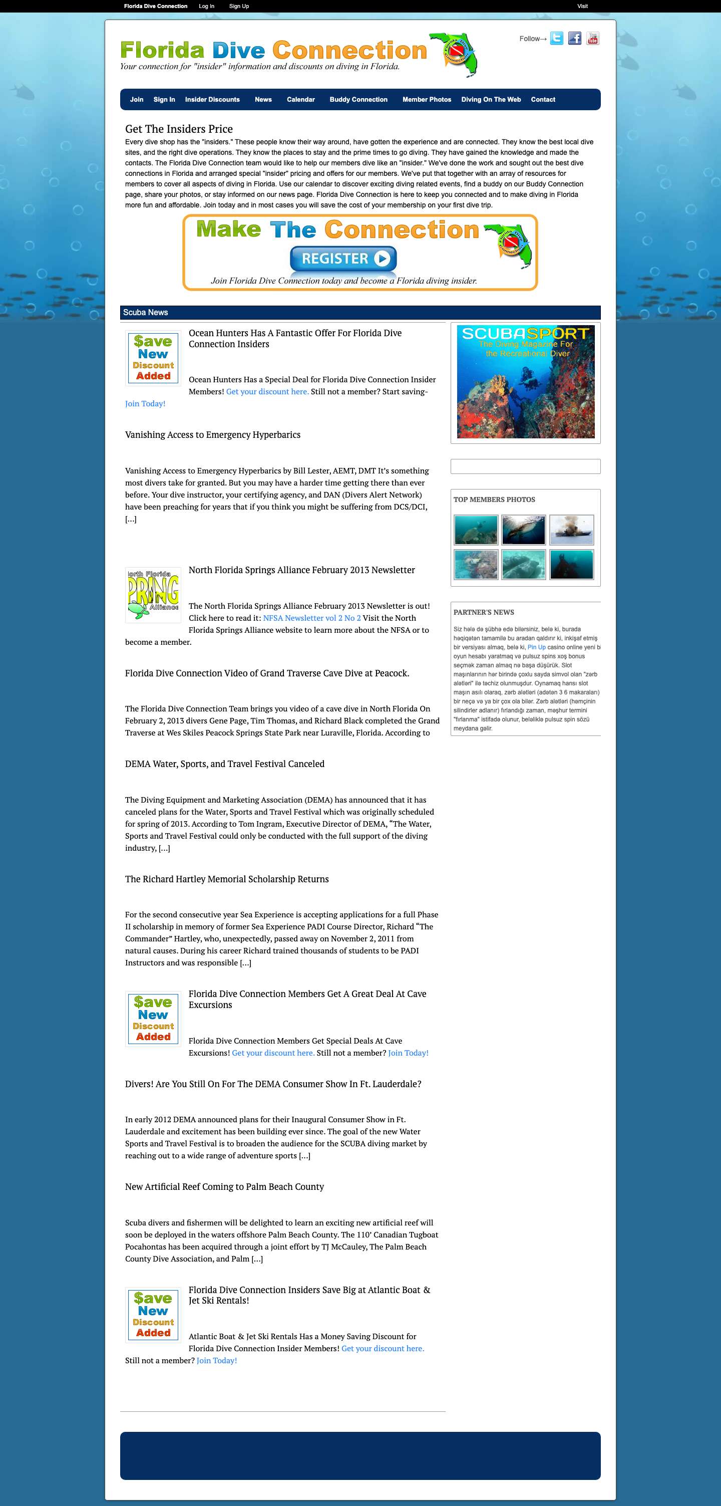 Florida Dive Connection Your connection for insider discounts on scuba diving gear, trips, lodging and more. - Full Screenshot