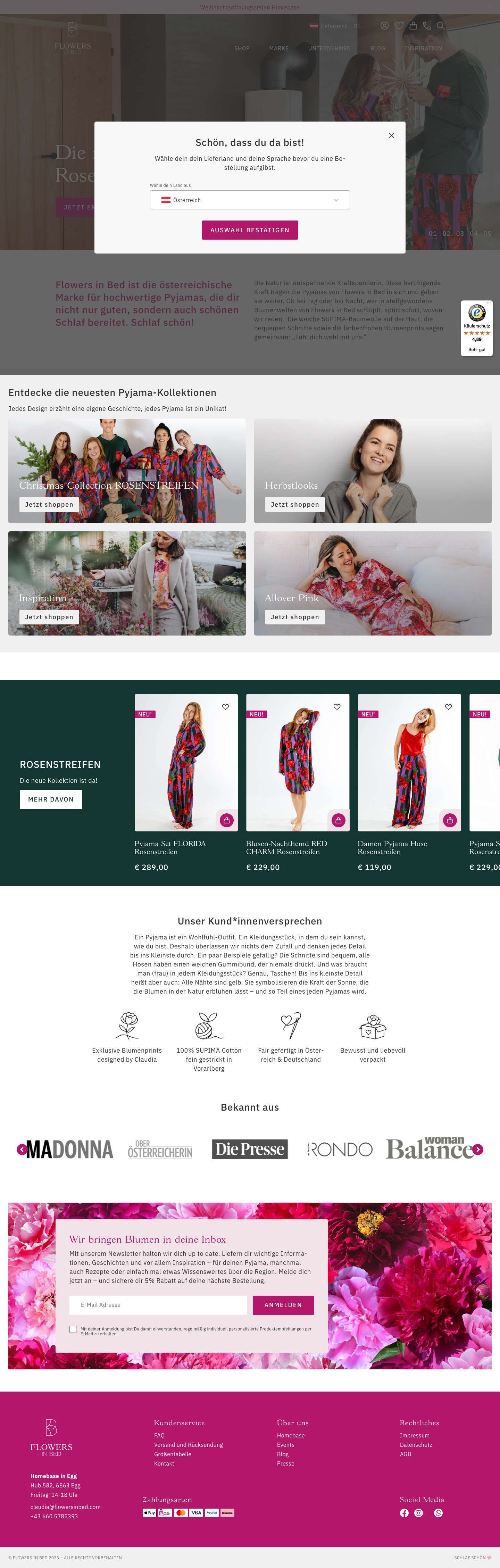 Flowers in Bed – hochwertige Pyjamas aus Österreich - Full Screenshot