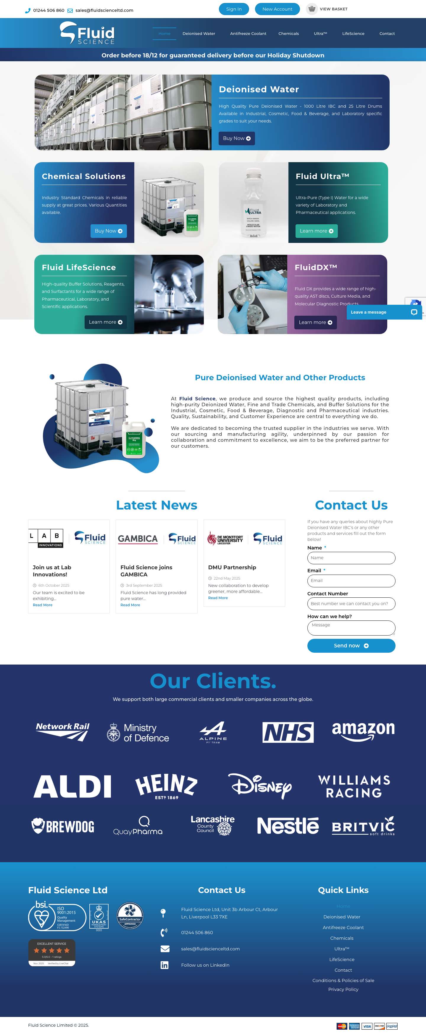 Fluid Science - Pure Deionised Water & Industry Solutions - Full Screenshot