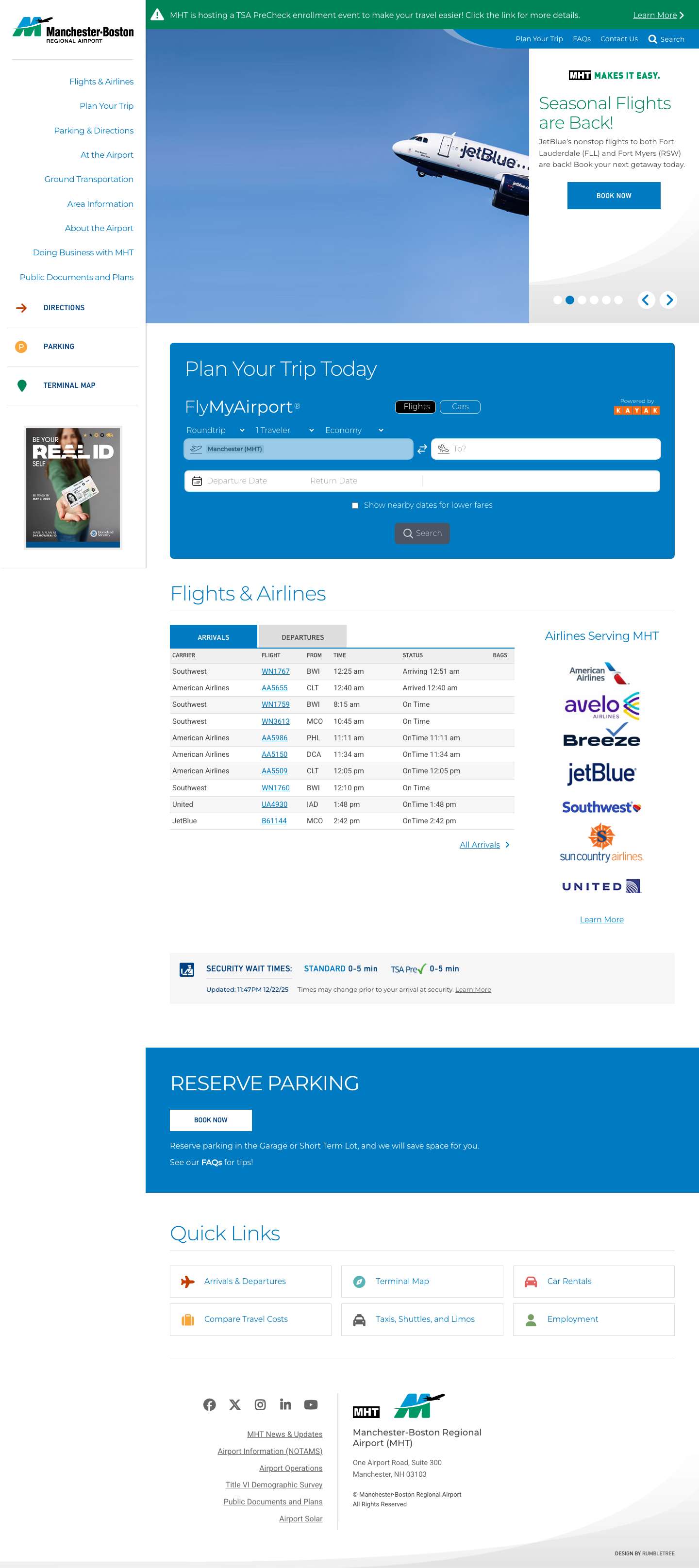 Live Free & Fly | Manchester-Boston Regional Airport (MHT) - Full Screenshot