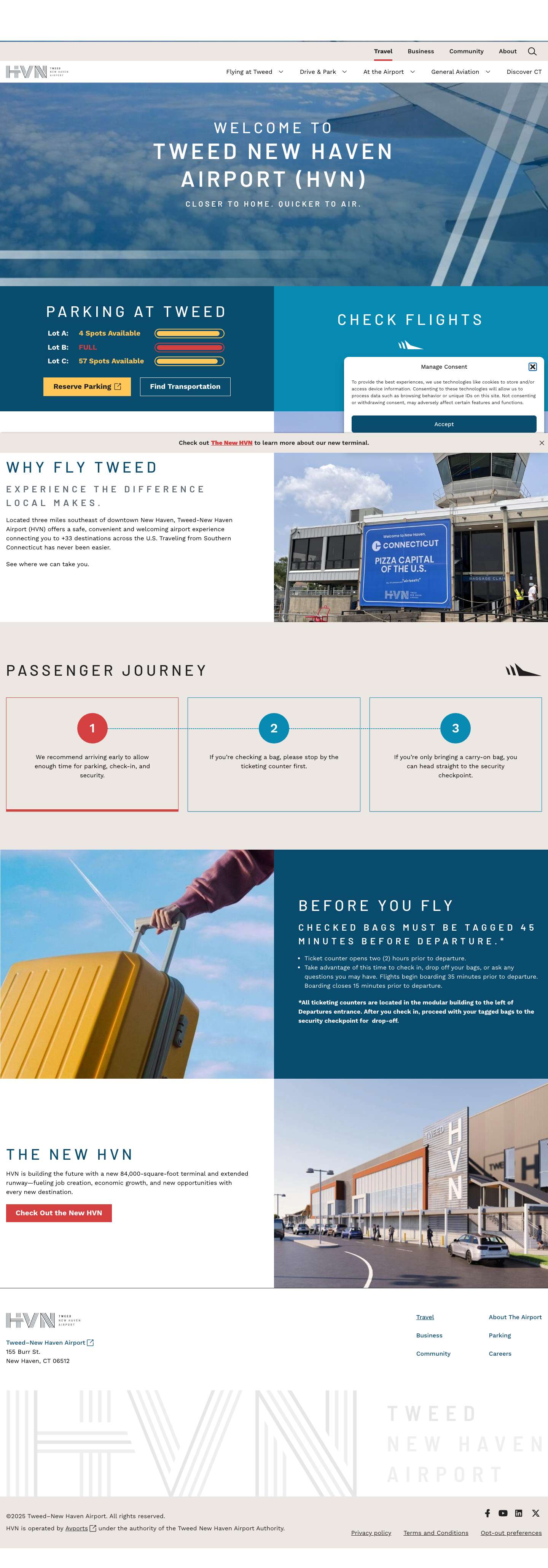 Tweed New Haven Airport (HVN) | Flights & Parking - Full Screenshot