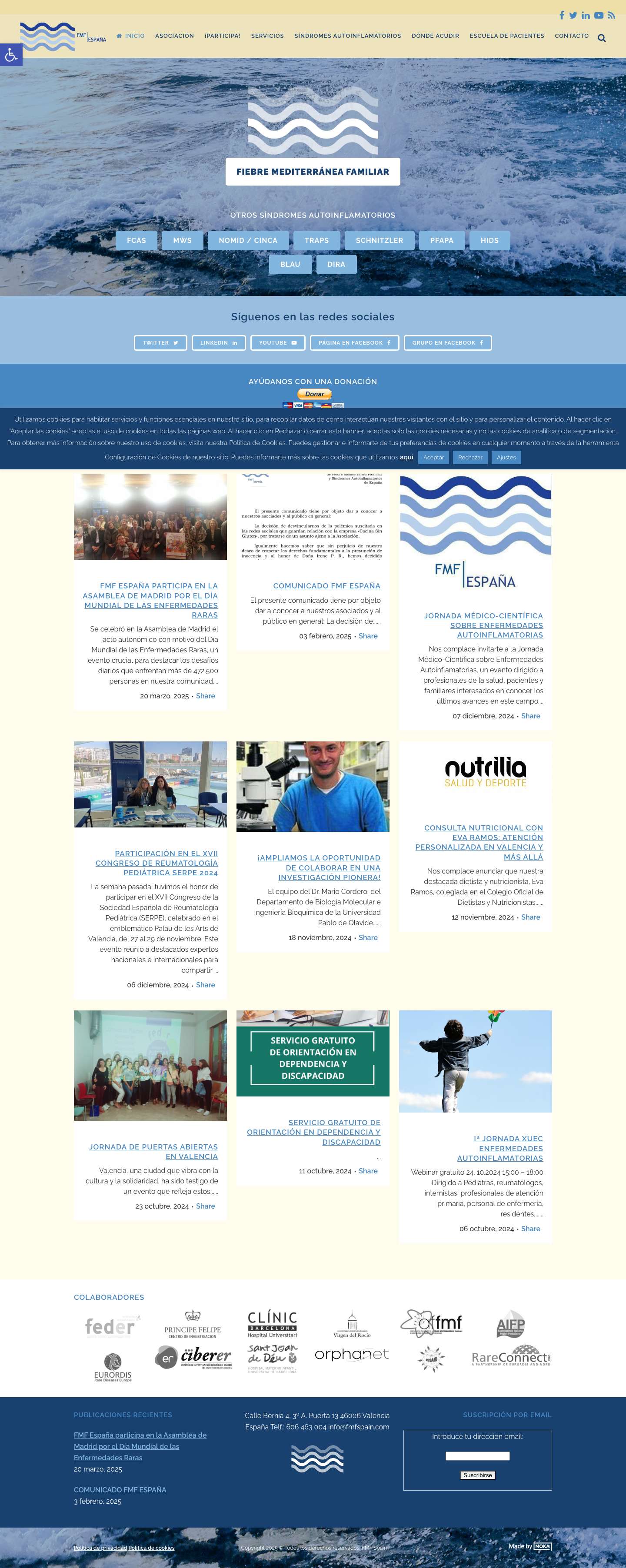 FMF Spain - Asociación de Enfermos de Fiebre Mediterránea Familiar y Síndromes Autoinflamatorios de EspañaHerramientas de accesibilidadAumentar textoDisminuir textoEscala de grisesAlto contrasteContraste negativoFondo claroSubrayar enlacesFuente legibleRestablecer - Full Screenshot