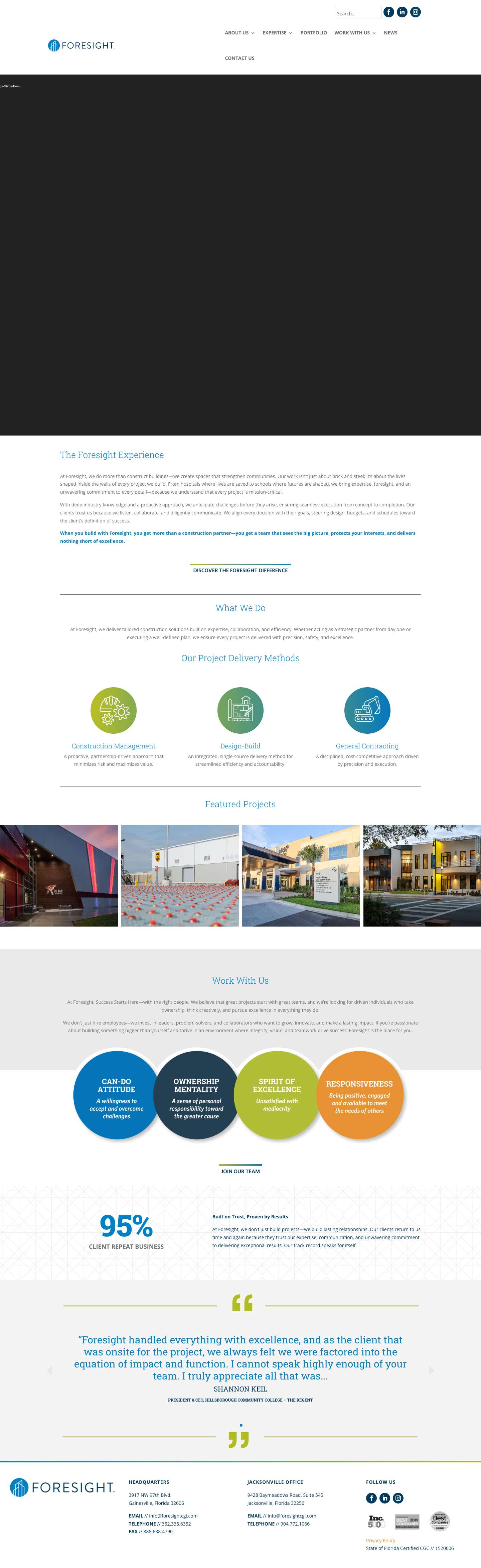 Full-Service Construction Firm Serving the Southeastern US - Foresight Construction - Full Screenshot